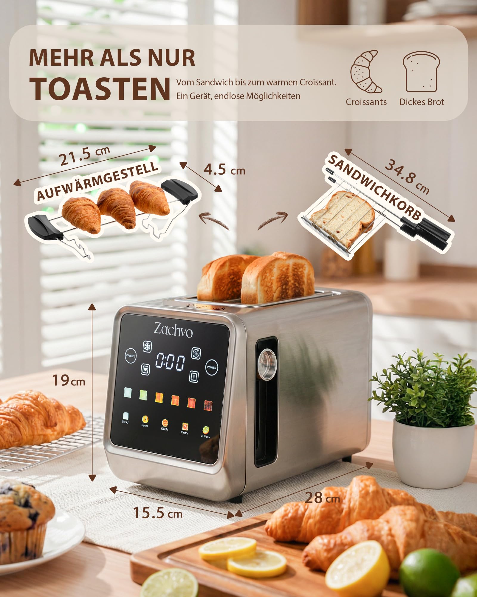 Toaster 2 Scheiben Edelstahl mit Smart Touchscreen & LED-Countdown, Intelligente Memory-Funktion, 3,5cm extra breite Schlitze, Einseitiges Rösten, inkl. Sandwich-Zange & Brötchenaufsatz, 850W