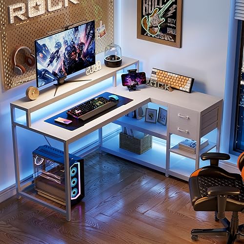 Miniatura 9 de LITTLE TREE Escritorio de computadora en forma de L de 55 pulgadas, escritorio reversible para computadora con cajones y estantes de almacenamiento,