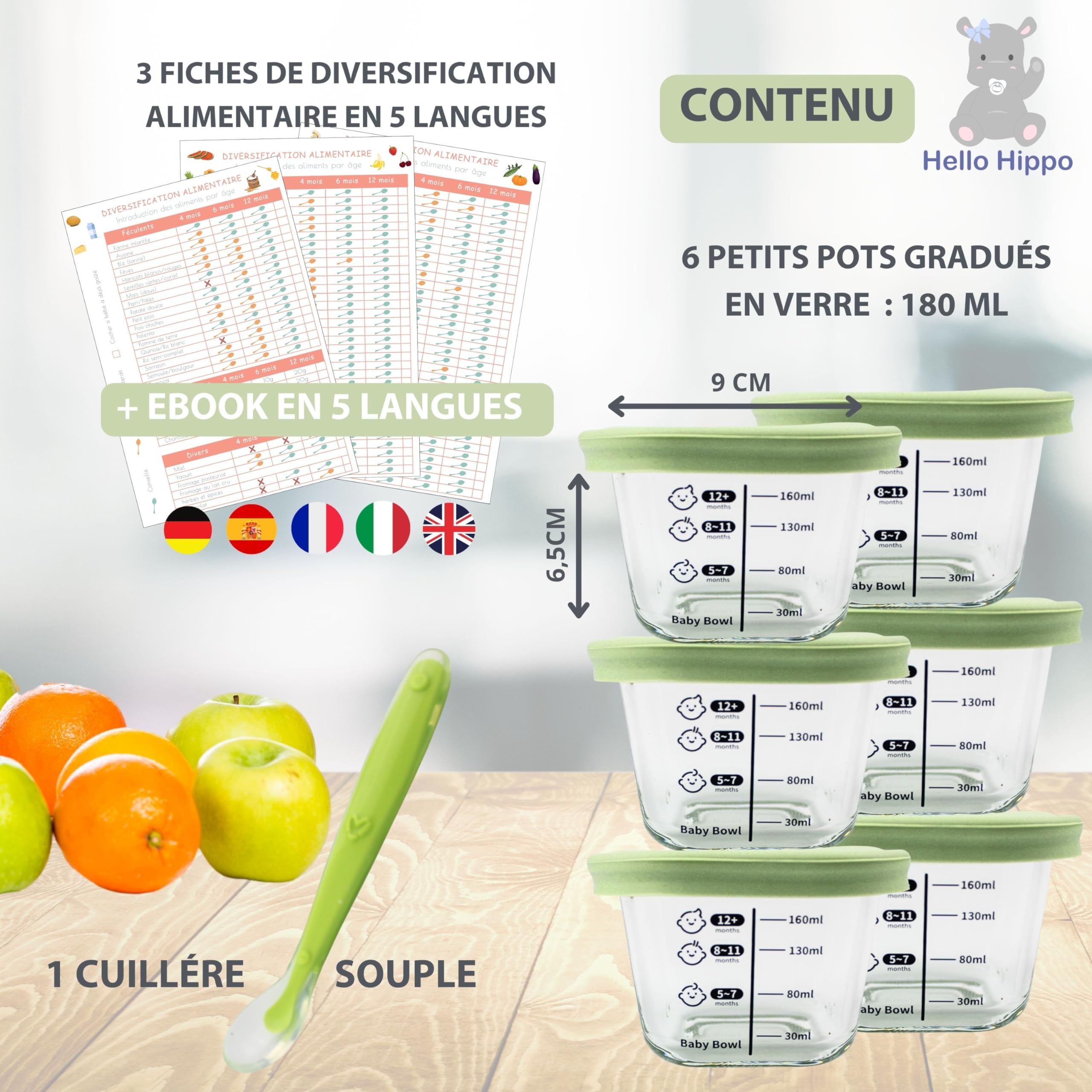 HELLO HIPPO® Lots de 6 Petit Pots en verre Bébé 160ml - Idéaux pour Compotes, Purées et Fruits, Hermétiques et Pratiques avec Graduation, Cuillère Incluse - Parfaits pour les Repas de Bébé
