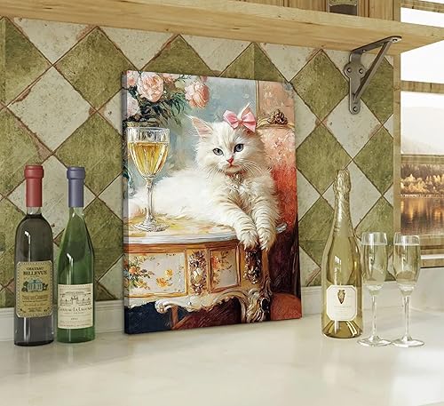 Miniatura 4 de Elegante lienzo vintage para pared, diseño de gato blanco caprichoso, divertido y retro, cuadro de carrito de bar, pintura ecléctica de animales,