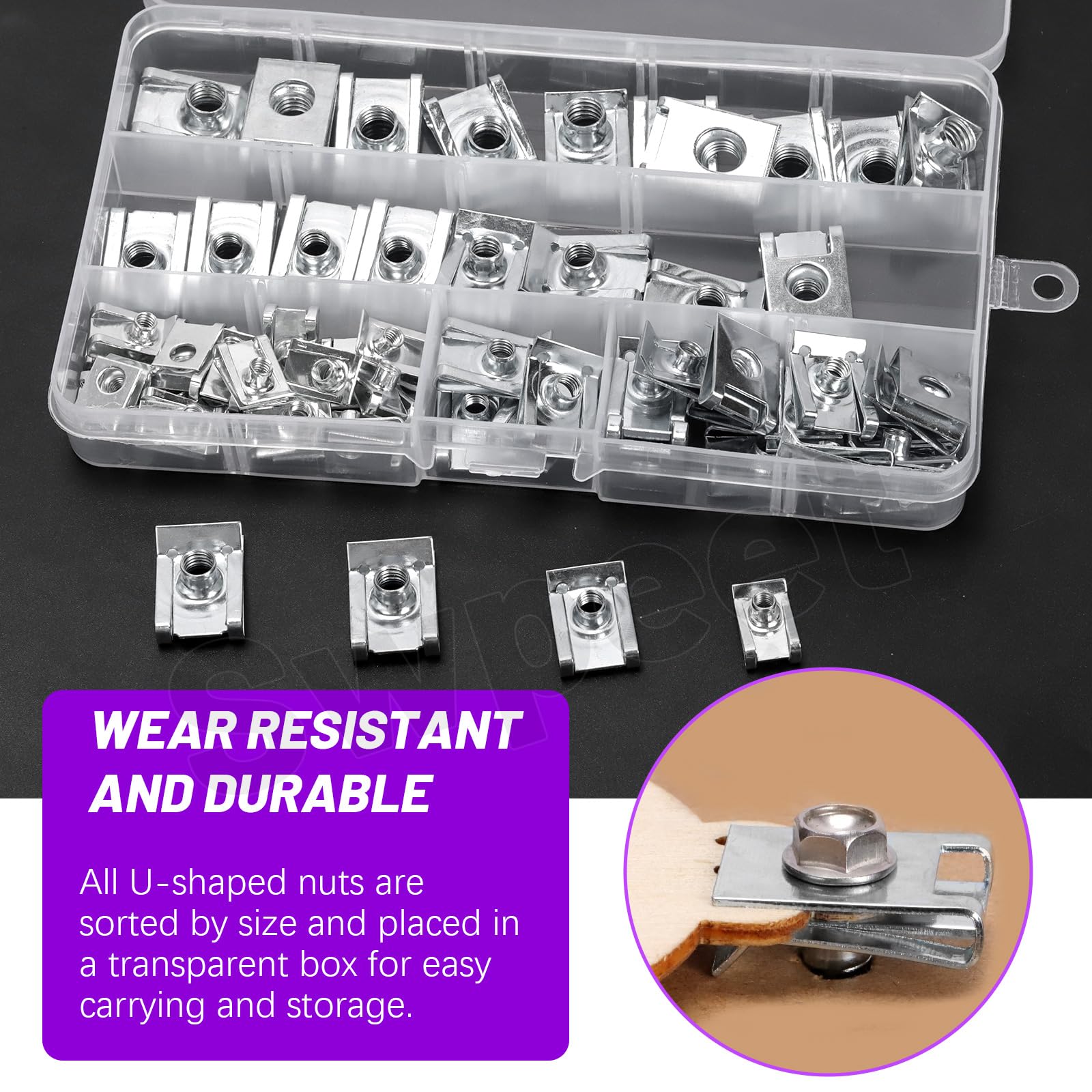 Swpeet Kit assortito di 50 clip a U per auto, in acciaio inox 304, M4, M5, M6, M8, dadi a U a forma di U, clip di fissaggio a molla per pannelli interni del cruscotto, compatibili con la maggior parte