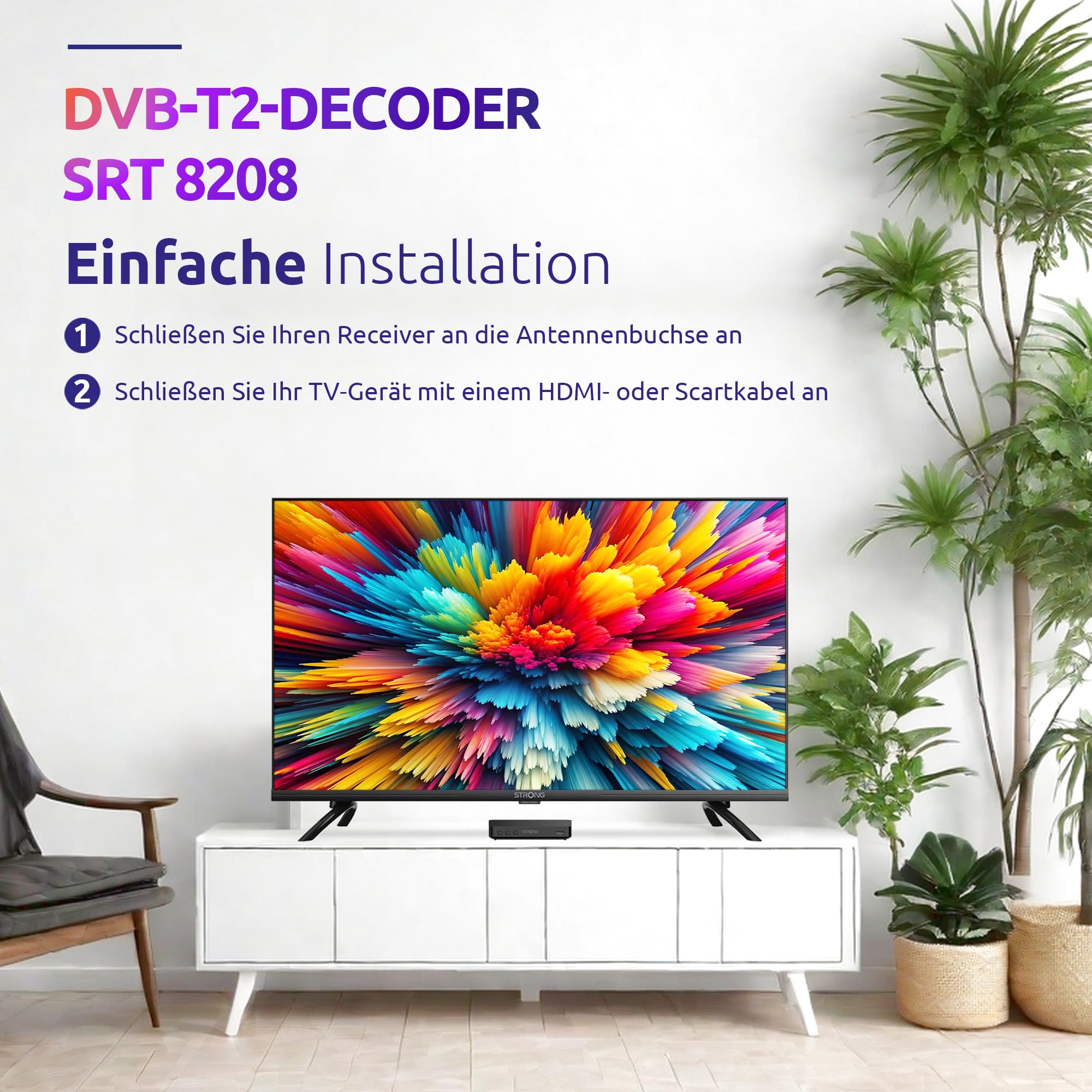 STRONG SRT8208 DVB-T2 DVB-T2 - Unterstützt HEVC265 - TV-Receiver/Tuner mit Recorder Funktion (HDMI, Scart, USB, Dolby Digital Plus) - Schwarz