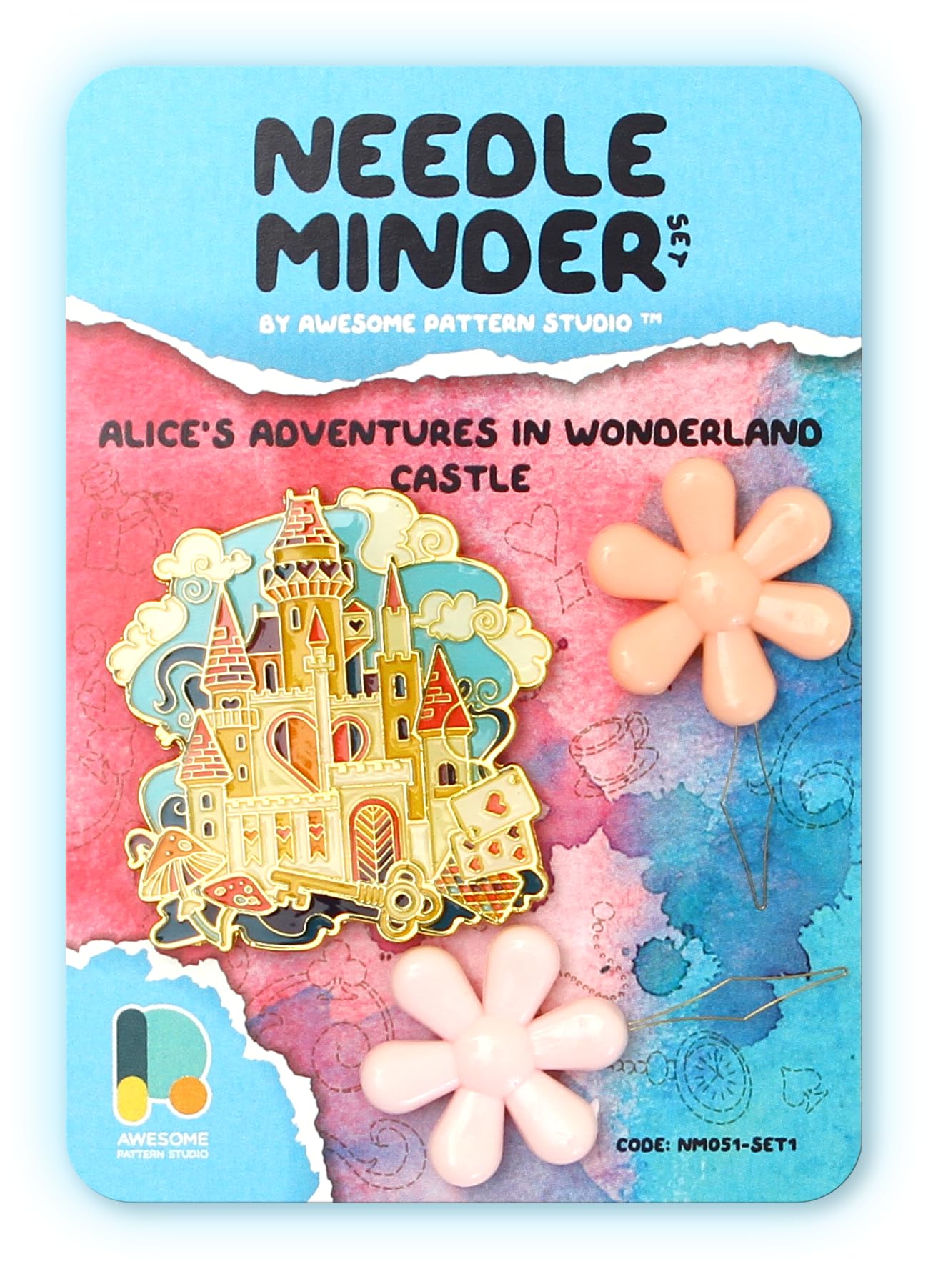 Awesome Pattern StudioNeedle Minder Set - Alice's Adventures in Wonderland Castle Magnetic Needle Minder + 2 Needle Threaders. Enamel Pin for Cross Stitch, Embroidery and Craft