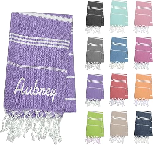 Toallas de playa personalizadas con nombres, toalla de playa turca de algodón con borlas, de gran tamaño, 39 x 70 pulgadas, toalla de playa bordada