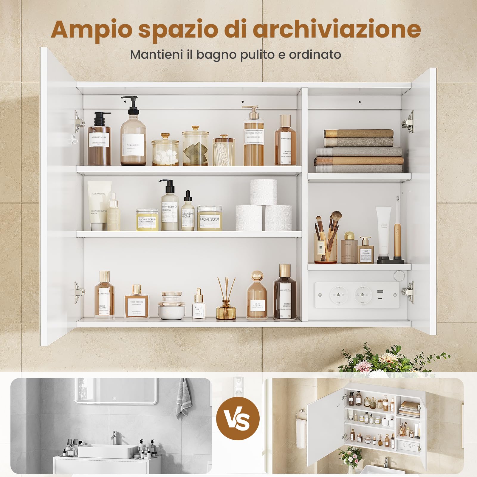 Specchio Bagno con Luce LED Regolabile e Presa Multipla, 2 Ante Specchio Bagno Contenitore 80x16x60 cm con Ripiani Regolabili, Specchiera Bagno con Specchio Grande HD, Bianco