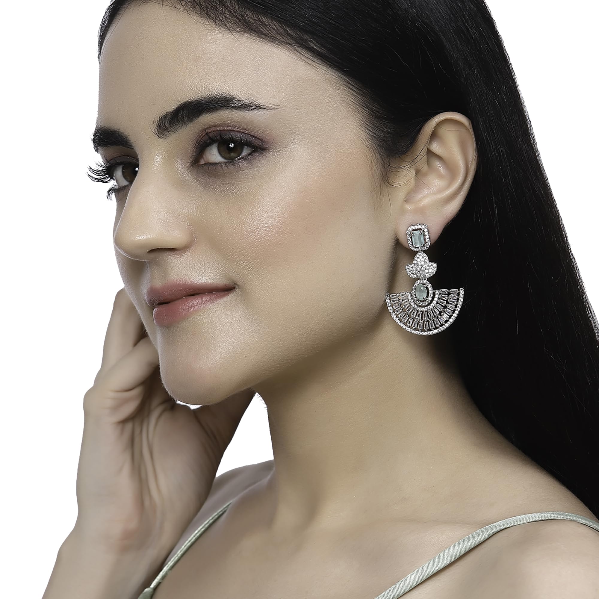 Leaf Shaped Drop Earrings with American Diamond in Rhodium Plating