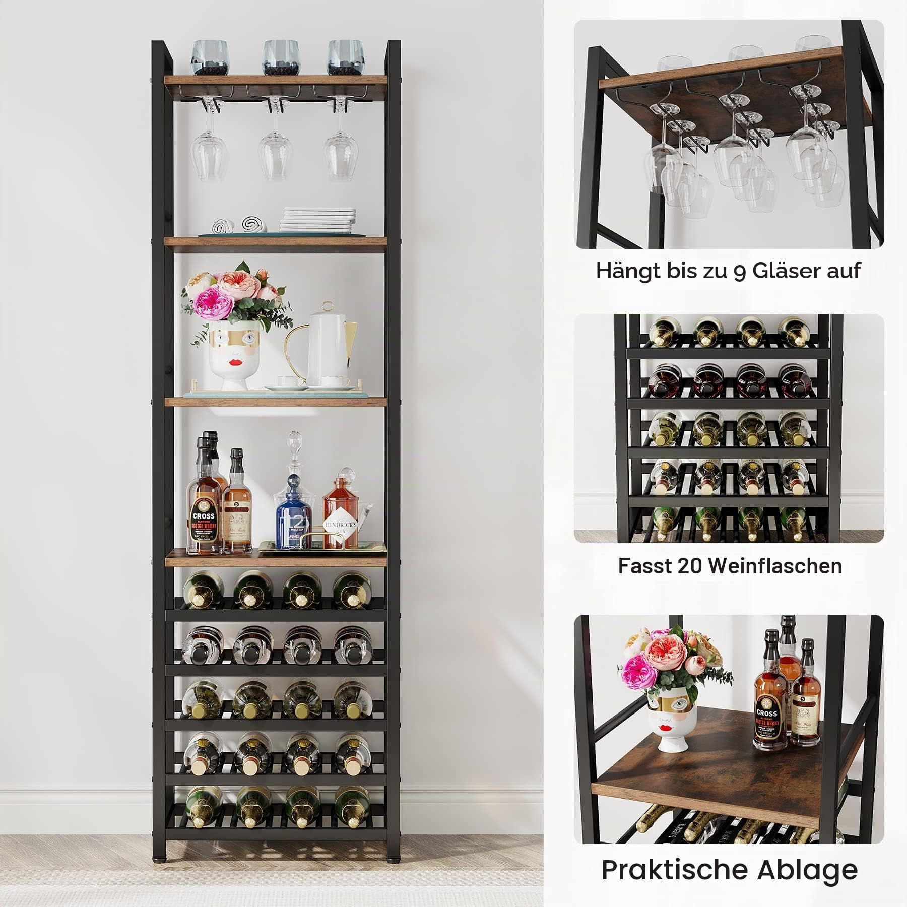Tribesigns 20 Flaschen Wein Bäckerregal,Weinregal Freistehender Boden, 9 Etagen, industrielles freistehendes Weinregal Weinbar mit Glashalter Flaschenregal für Bar, Küche, Esszimmer (2 Stück)