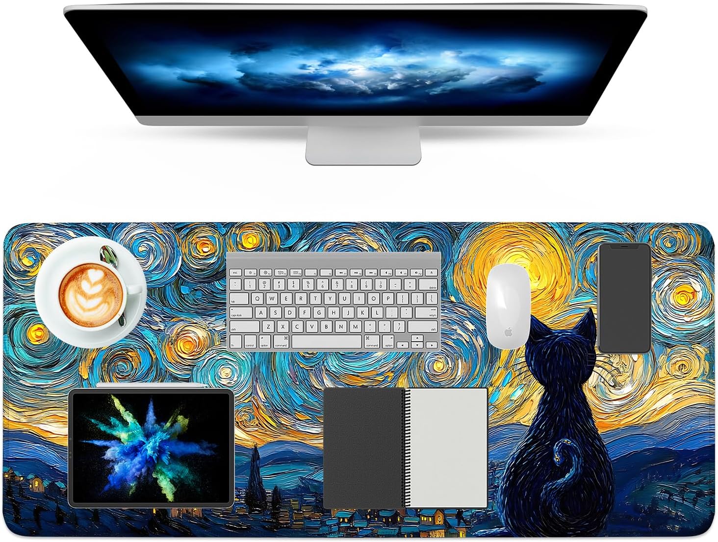 Starry Night Black Cat Extended Gaming Mouse Pad,35.4 x 15.7 Inch Large Mousepad with Stitched Edges,Water-Resistant Desk Mat with Non-Slip Rubber Base for Gaming,Office,Home Office