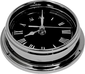 Prestige Roman Clock in Chrome With Jet Black Dial created with a mirrored backdrop. Heavy Brass Case 1/2kg, Chrome Plated Handmade In England