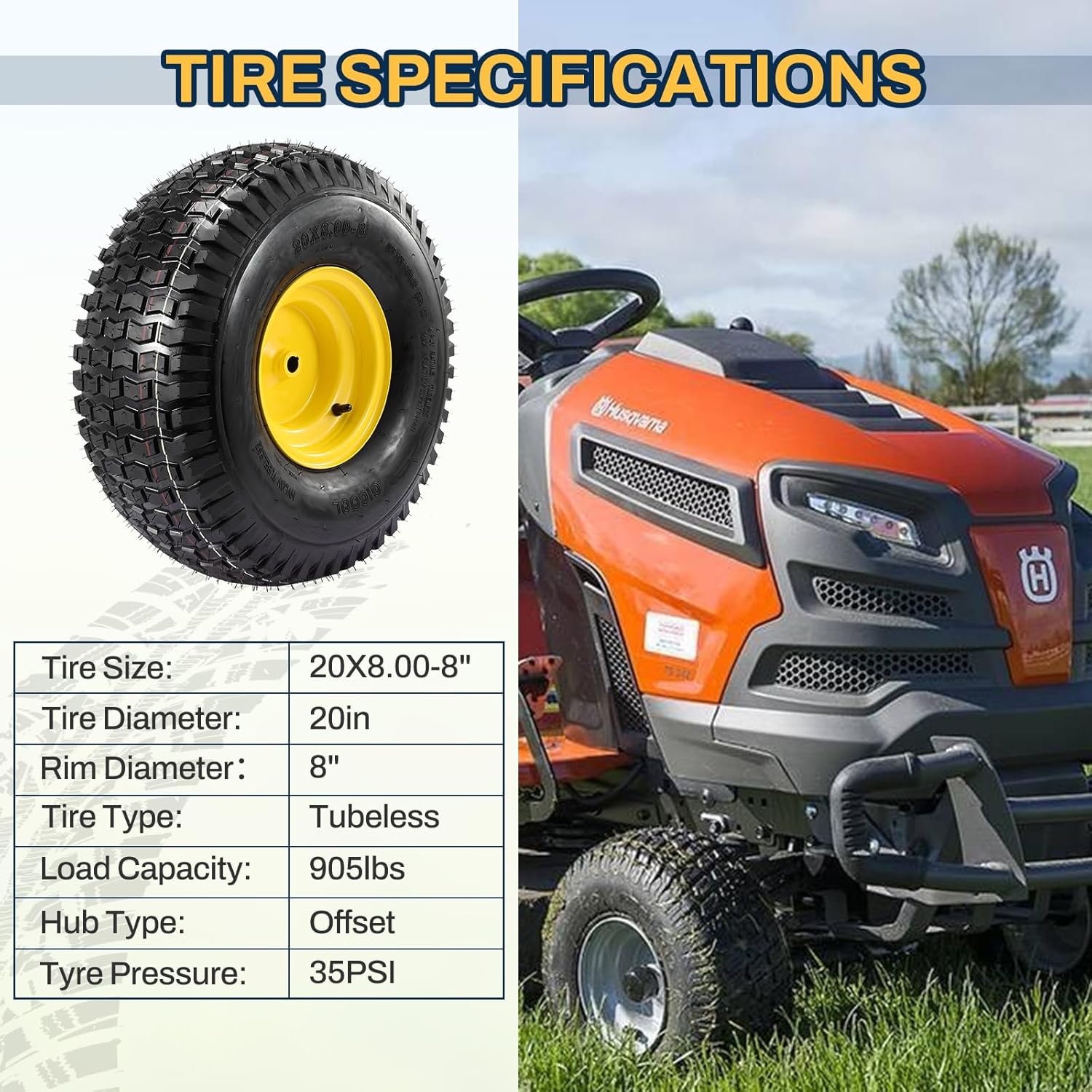 2PCS 20x8.00-8 Rear Tire and Wheel Assemblies, 3/4" Borehole, 3.5" Offset Hub and 3/16" Keyway, 4 Ply Tubeless Tire Compatible with Riding Lawn Mowers