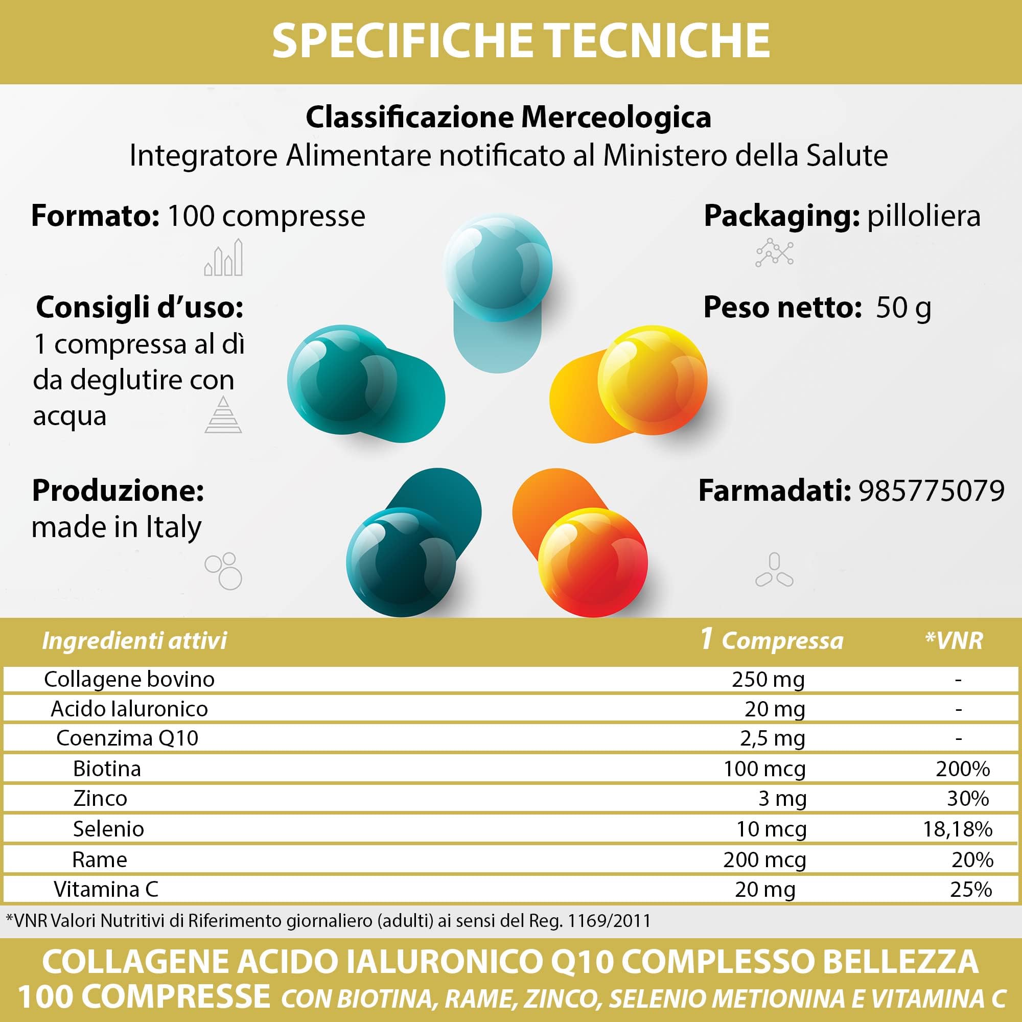Collagene Acido Ialuronico Coenzima Q10 Complesso Bellezza con Biotina Zinco Selenio Metionina Rame Vitamina C | 1000 Compresse 1 al dì | Pelle Capelli Unghie LABOTTEGADEGLIINTEGRATORI