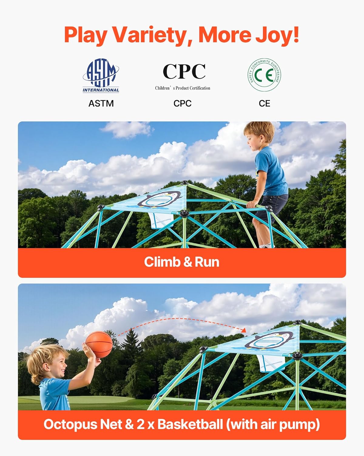VEVOR Climbing Dome, 10FT Geometric Dome Climber for Kids, 1000LBS Loading Jungle Gym Playground with Octopus Net & 2 Basketballs, Easy-Assembly Outdoor Backyard Climbing Toys - Gift for Boys Girls