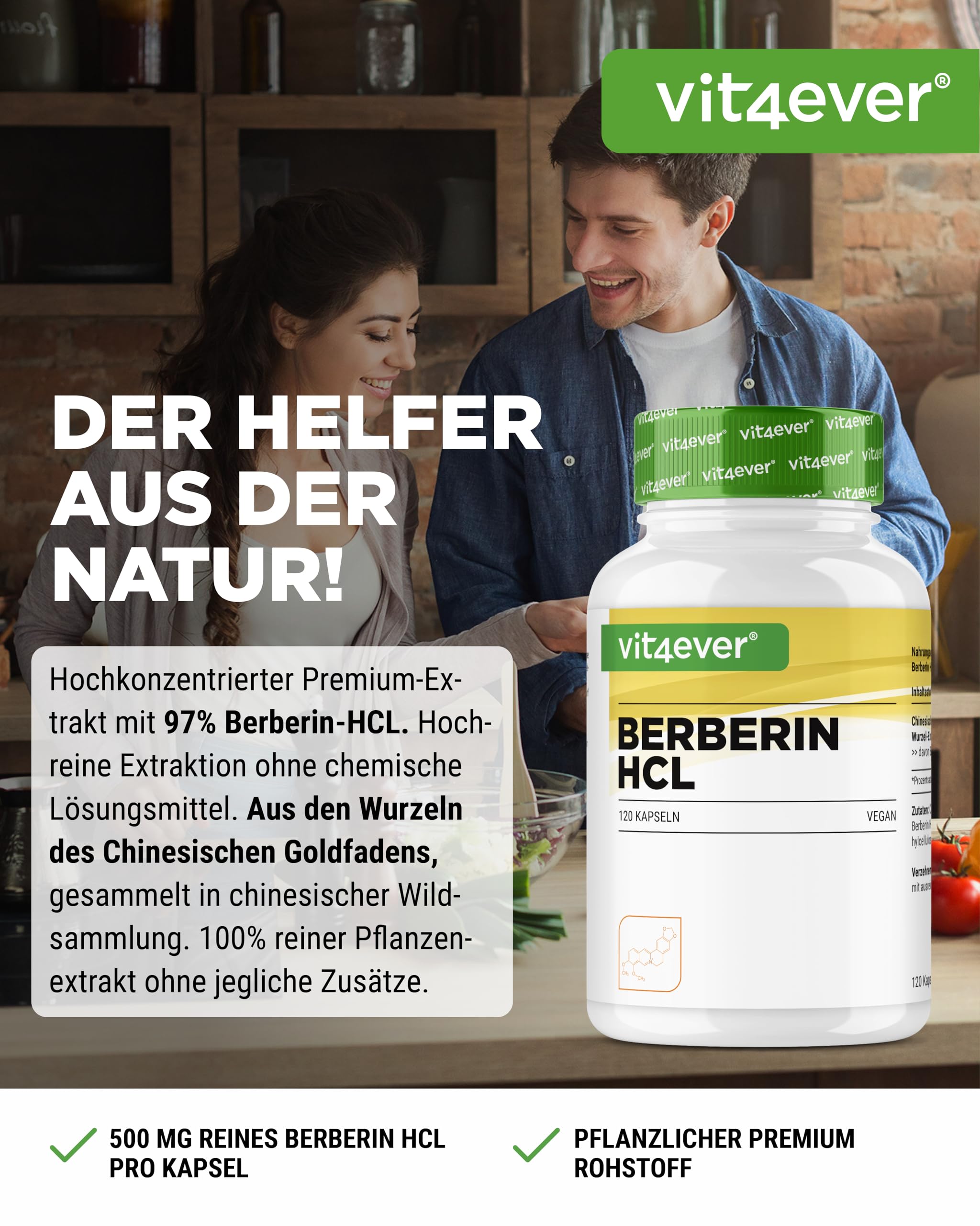 vit4ever Berberin HCL Extrakt - 120 Kapseln - 500 mg - hochdosiert | Aus Goldfadenwurzel, 4-Monatsvorrat, pflanzlich vegan, ohne Zusätze