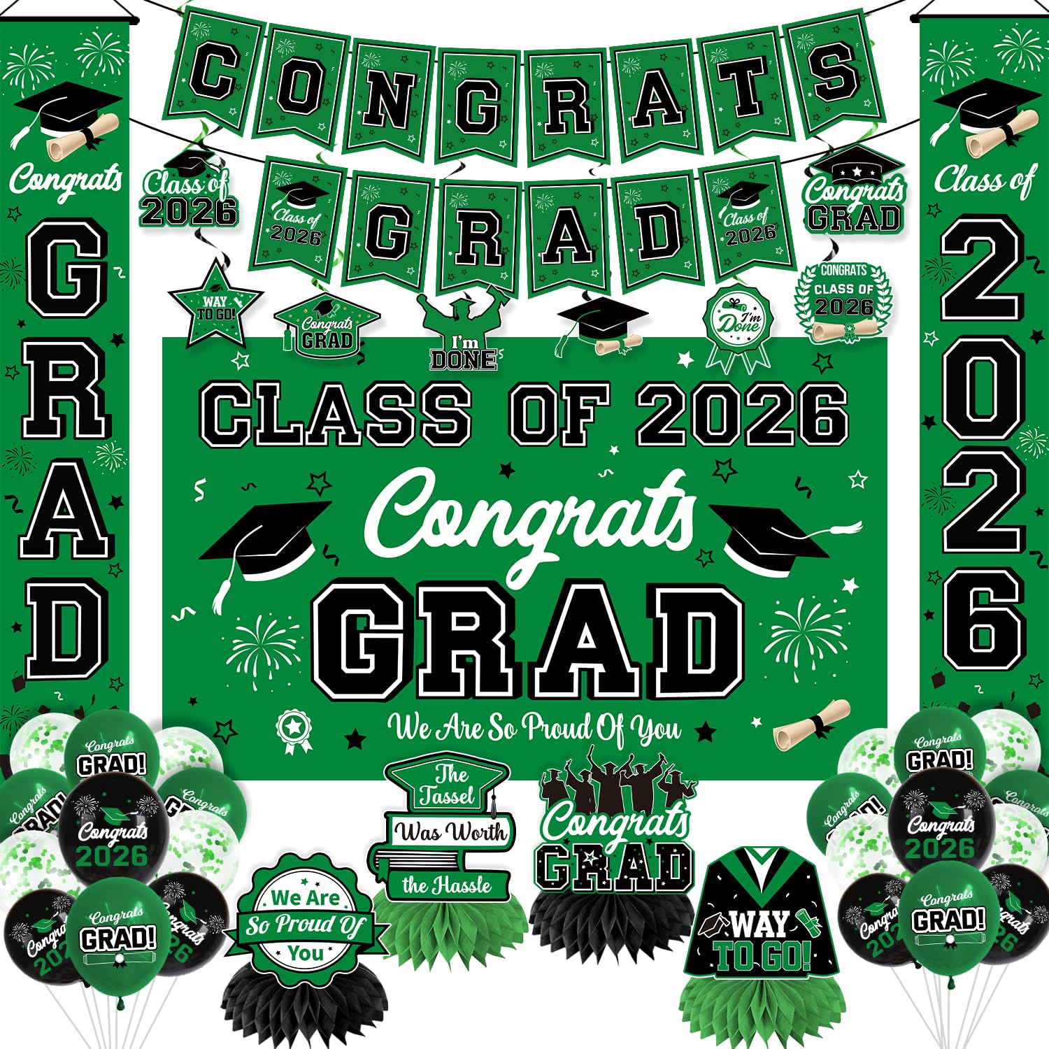 Graduation Decorations Class of 2026 Green Graduation Party Decor Set include Congrats Grad Banner Backdrop Class of 2026 Balloons Party Supplies
