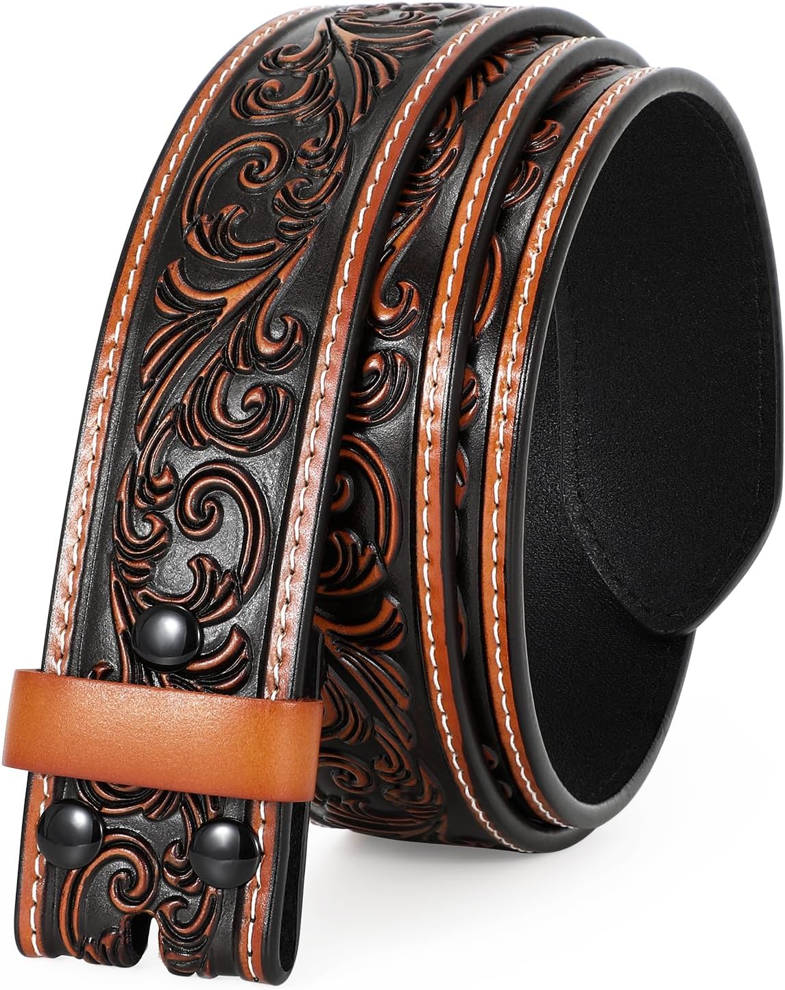 TRIWORKS Western Belt Strap for Men without Buckle 1.5" Wide Floral Engraved Embossed Leather Belt Strap