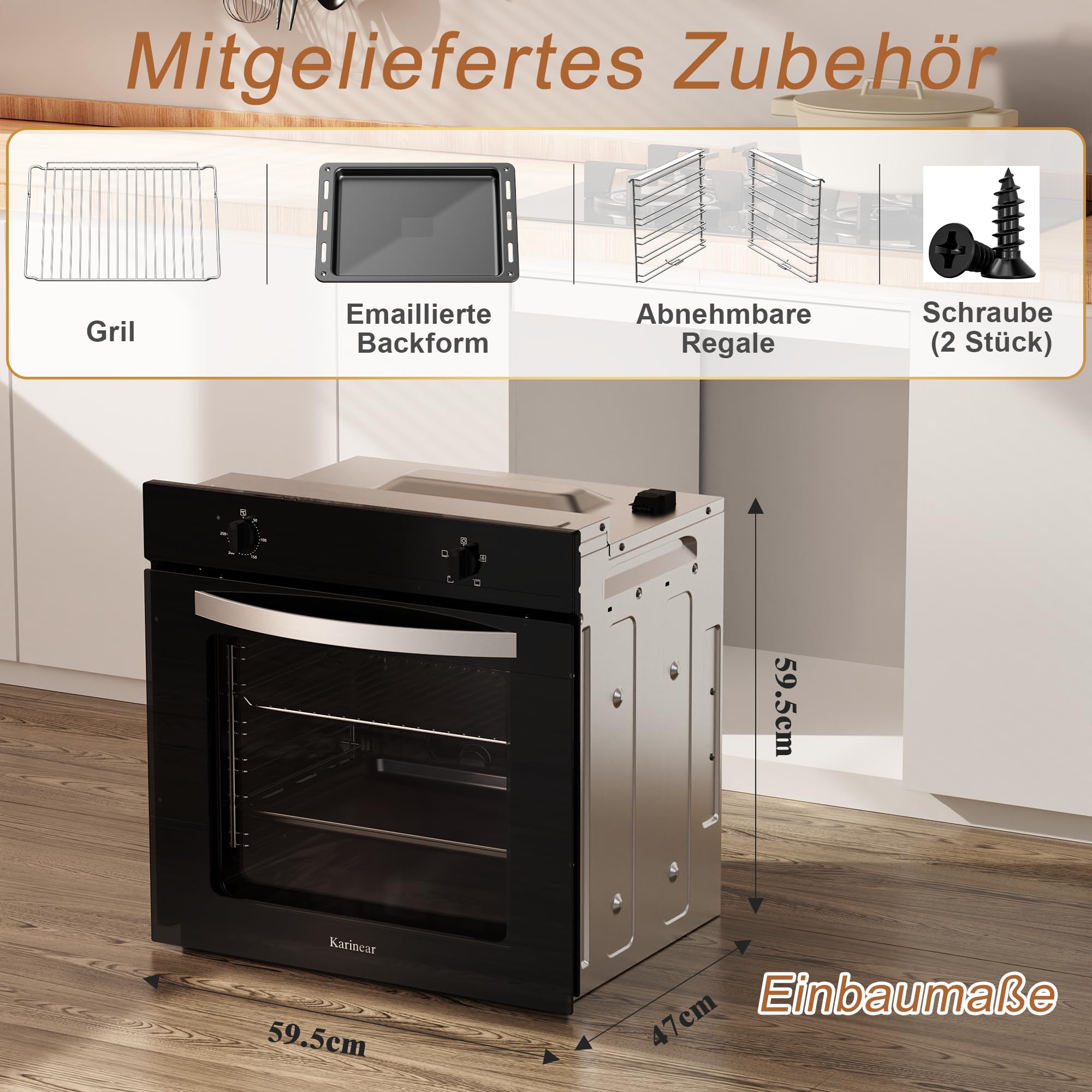 Karinear Einbaubackofen 60 cm 65L mit Stecker, 4 Programme, 2000W, Schwarz | 65L Einbaubackofen mit Stecker, 4 Programmen, 2000W Schnellheizung und einfacher Knopfsteuerung, 50–250°C Temperatur