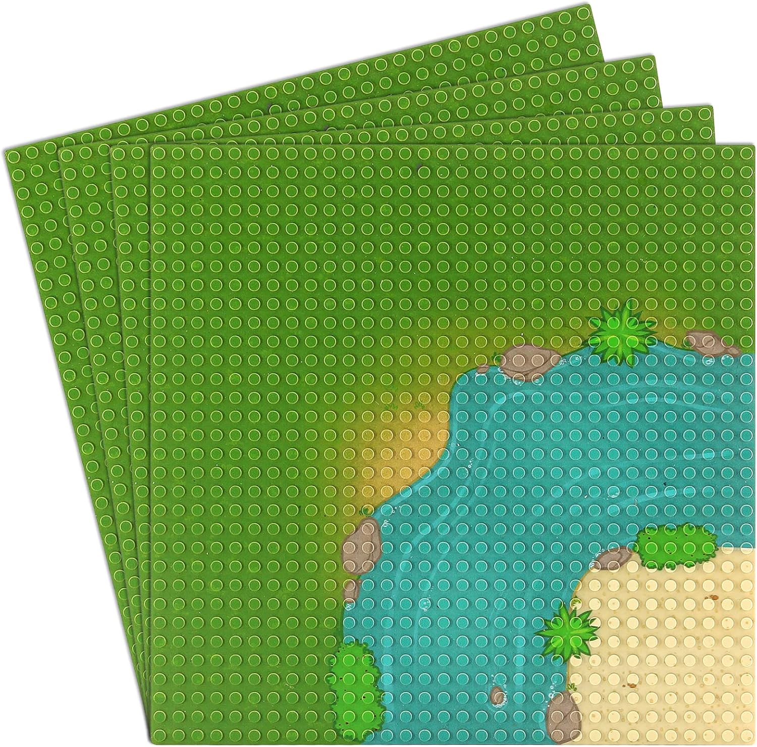 Feleph Classic Baseplate with River and Grassland Pattern, 10 x 10 Inches Base Plates for Building Blocks Mat Compatible with Major Brands (Straight 4 Pieces)