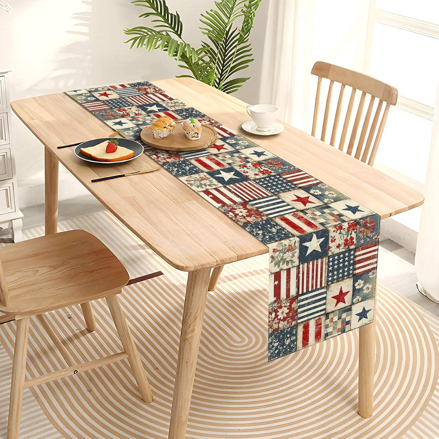 Vintage 4th of July Table Runner Retro Patchwork American 250th Anniversary Memorial Independence Day Patriotic Party Decoration Home Kitchen Table Decor，13" x 72"