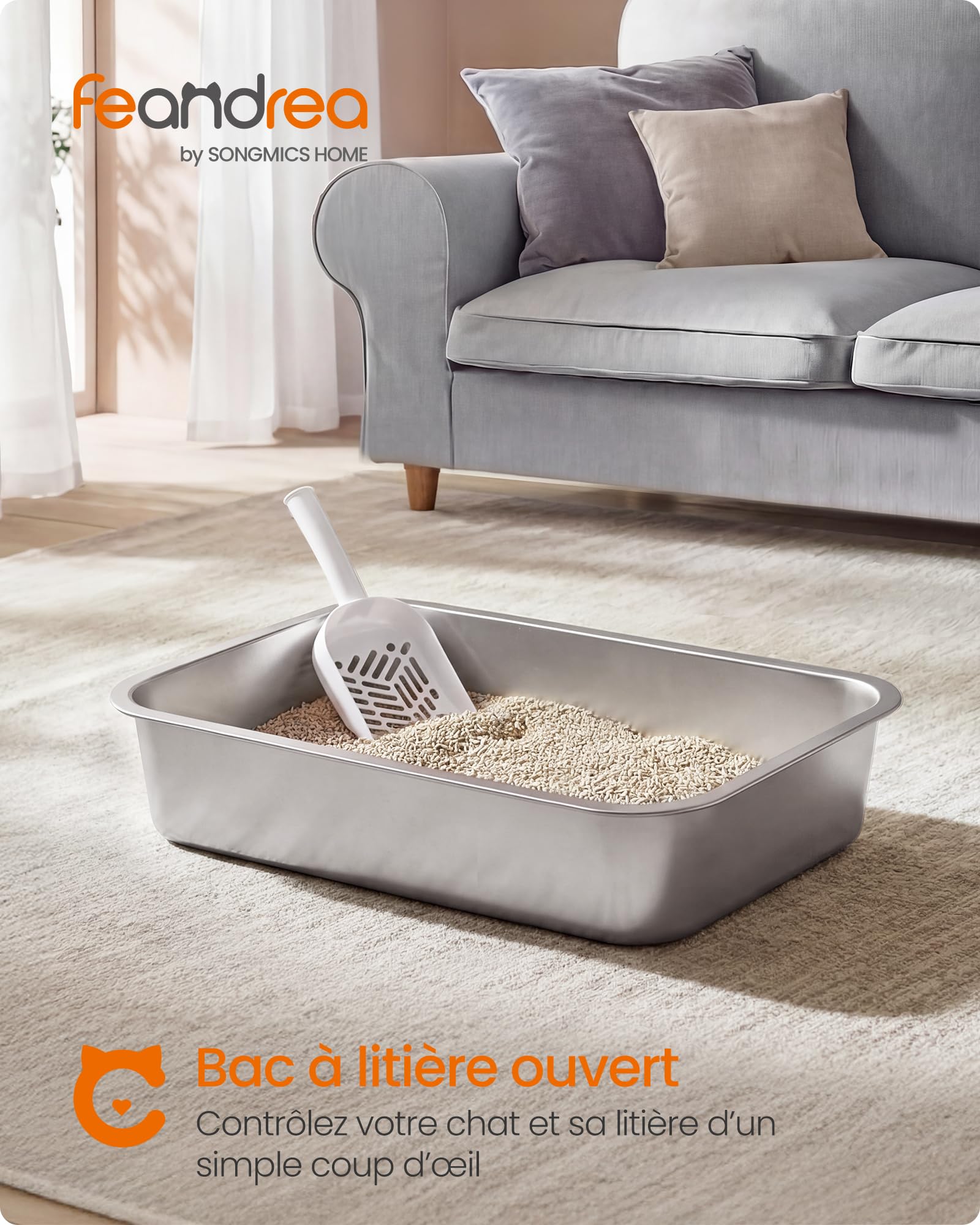 Feandrea Bac à Litière pour Chat en Acier Inoxydable, Litière Ouverte avec Pelle, Argent, 50 x 35 x 15 cm, pour Chats de Taille Moyenne et Grande PPT016E101