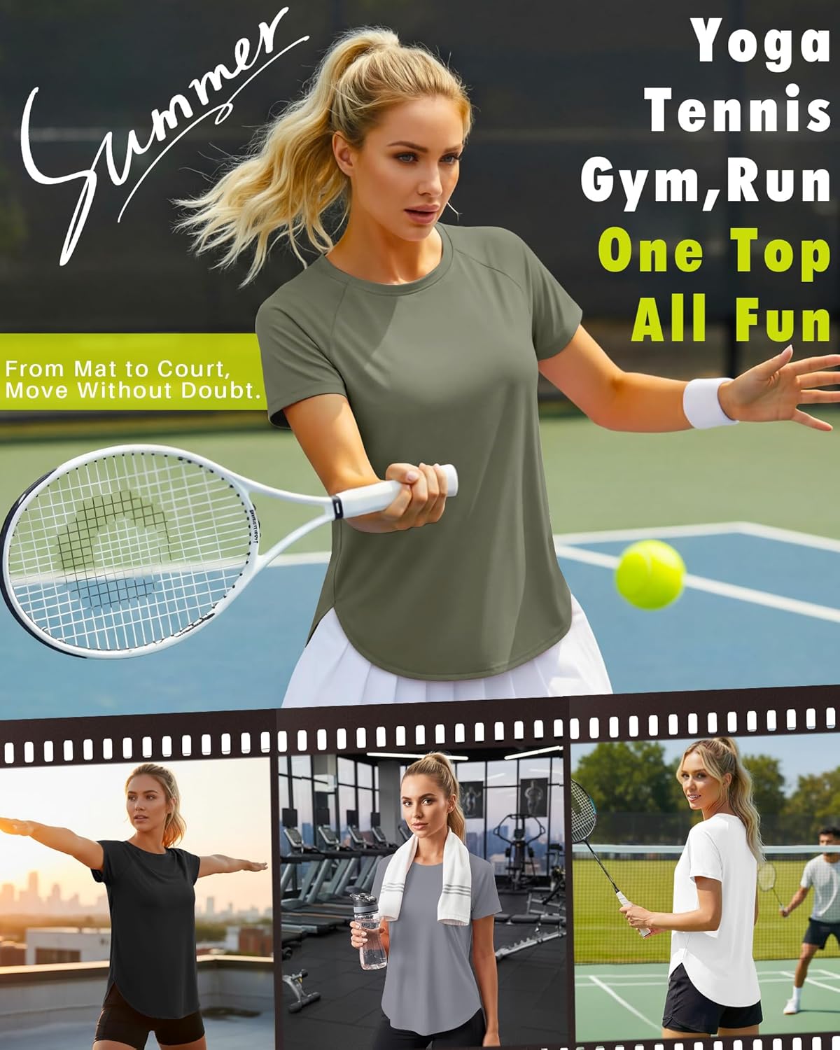 4 Pack Women's Workout Shirts, Quick Dry Raglan Athletic Tops Short Sleeve Loose Fit Yoga Tee Curved Hem Side Split