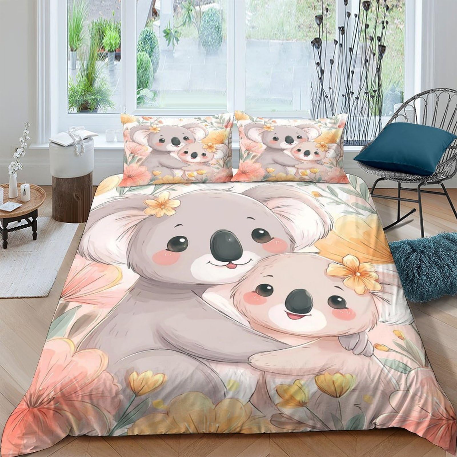 Ctjqhvkz Style-7 3D Printed Koala Family Fitted Sheet Microfiber Soft Pastel Floral Bed Cover For Bedroom Guest Room Mattress Protection Single（135X200cm）