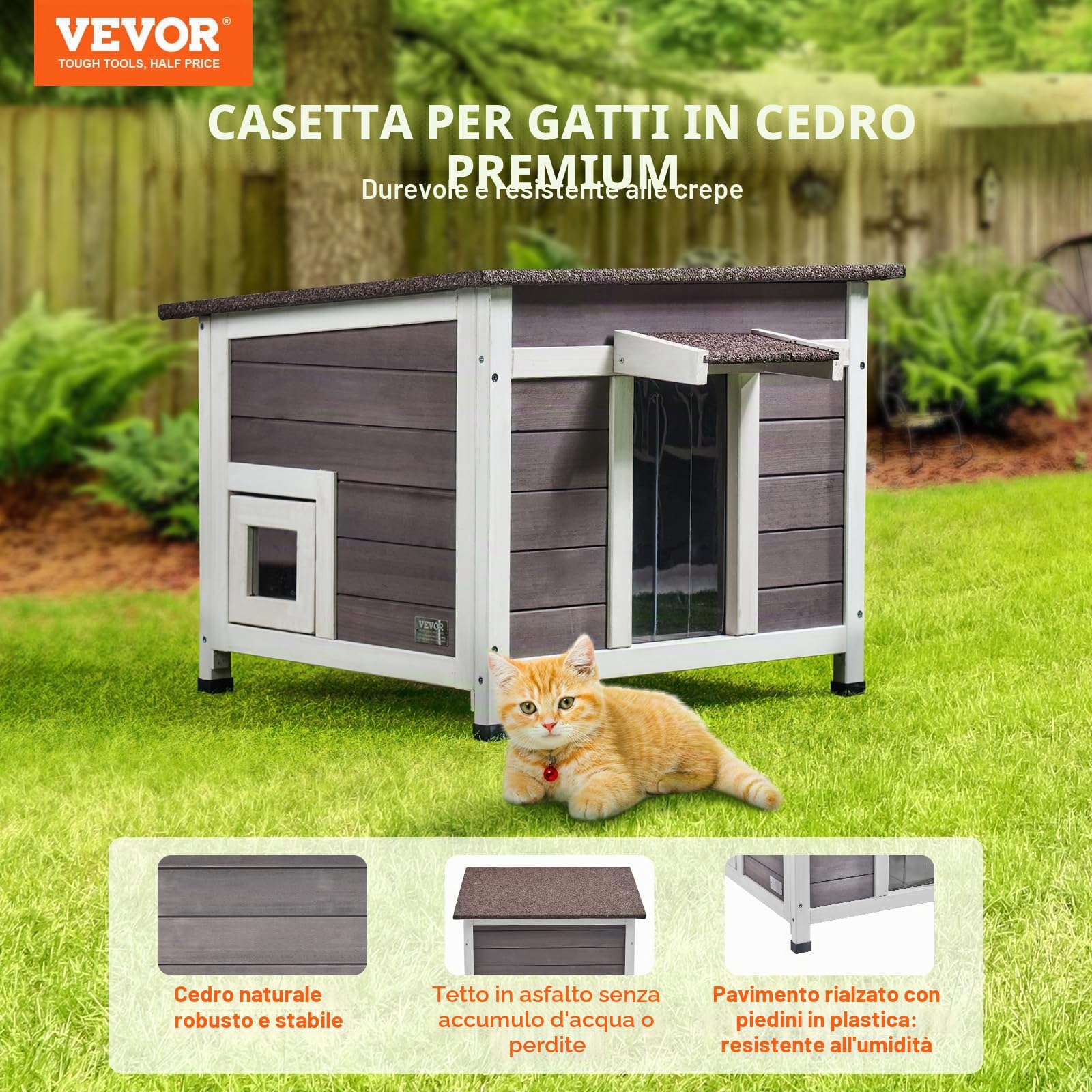 VEVOR Cuccia per Gatti da Esterno, 600x530x465 mm, Cuccia Rifugio per Gatti in Legno, Resistente alle Intemperie, Tetto Aperto, Porta a Ribalta, Capanna per Riparo per Gatti Animali Piccoli, Grigio