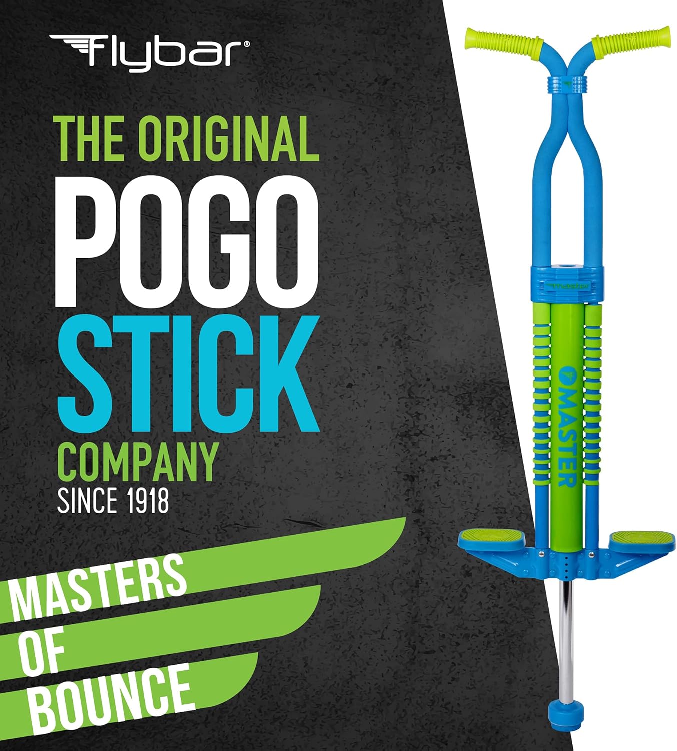 flybar master pogo stick for kids ages 9+, 80–160 lbs – easy grip handles – active exercise toy for tweens & teens – outdoor toy with non-slip foot pegs for boys and girls – no assembly needed blue/ green