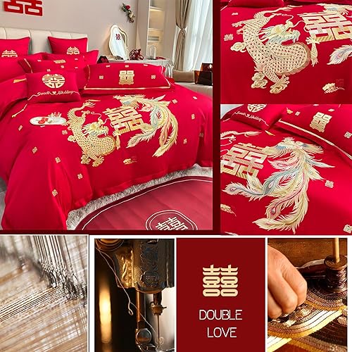 Miniatura 10 de Luxury Double Happiness Dragon and Phoenix Bird Embroidery Chinese Wedding Red Bedding Set King Queen Size 100% Cotton Embroider Red Wedding Duvet