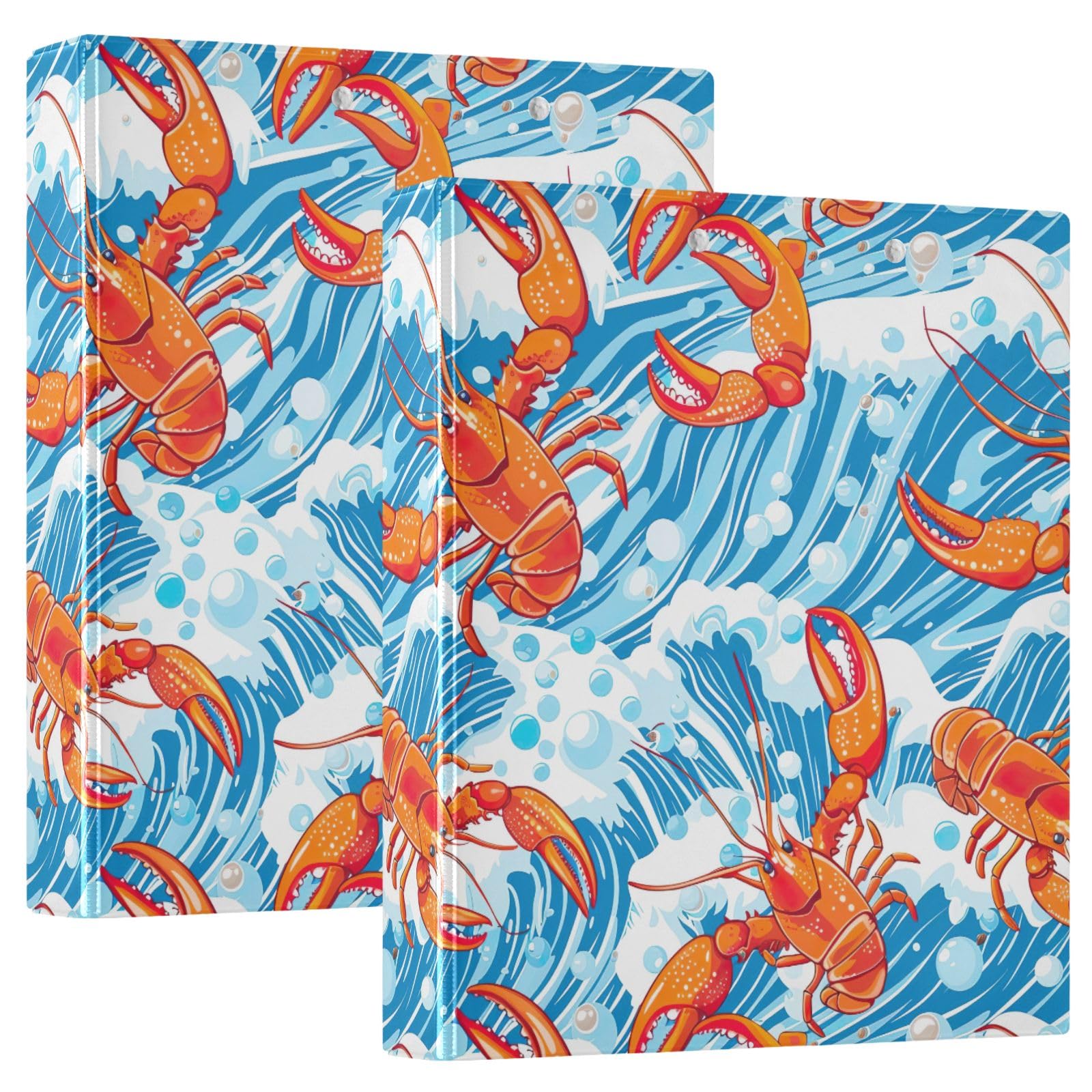 Ringbuch mit 3 Ringen, 3,8 cm, Orange, Hummer, Blau, Meereswellen, runder Ringordner mit 3 Innentaschen, einfacher Ordner-Organizer für Schule, Bürobedarf, 2 Stück