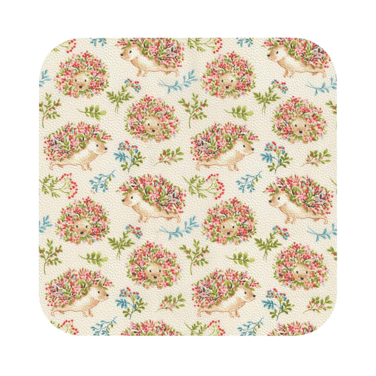 Floral Hedgehogs PU Leather Coasters Set of 6 Square Drink Coasters