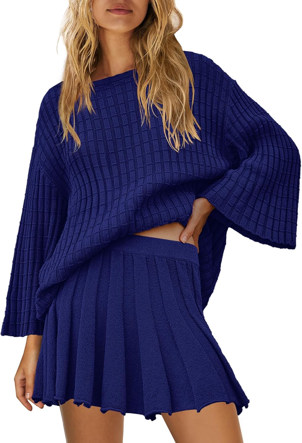 Yanekop Womens 2 Piece Sweater Skirt Set Loose Matching Lounge Sets Comfy Pajamas Set Long Sleeve Top and Skirt Sets