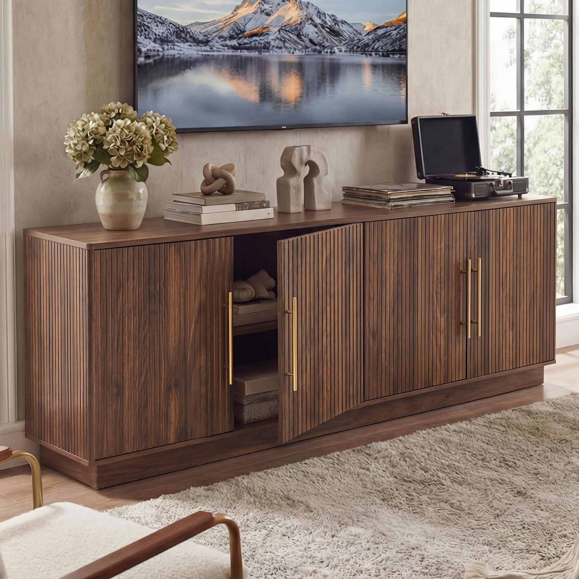 Natural Oak Entertainment Center with Fluted Doors