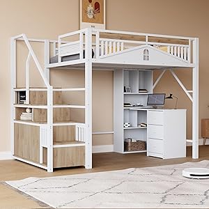 Cama entrepiso (140 x 200 cm, con bola de metal y diseño de ventana, con escalera de almacenamiento intercambiable, color blanco (colchón no incluido)