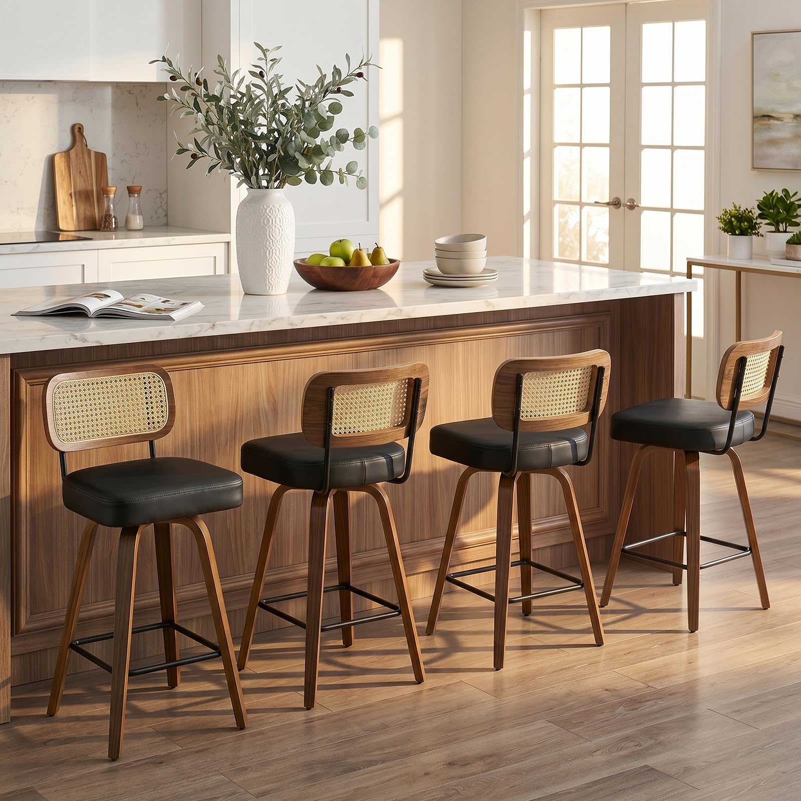Bekrvio Lot de 2 tabourets de bar avec dossier, hauteur d'assise 65 cm, rotatif à 360°, tabouret de bar en rotin en bois avec siège extra épais (7,1 cm), 4 pieds stables, chaise de bar pour îlot de