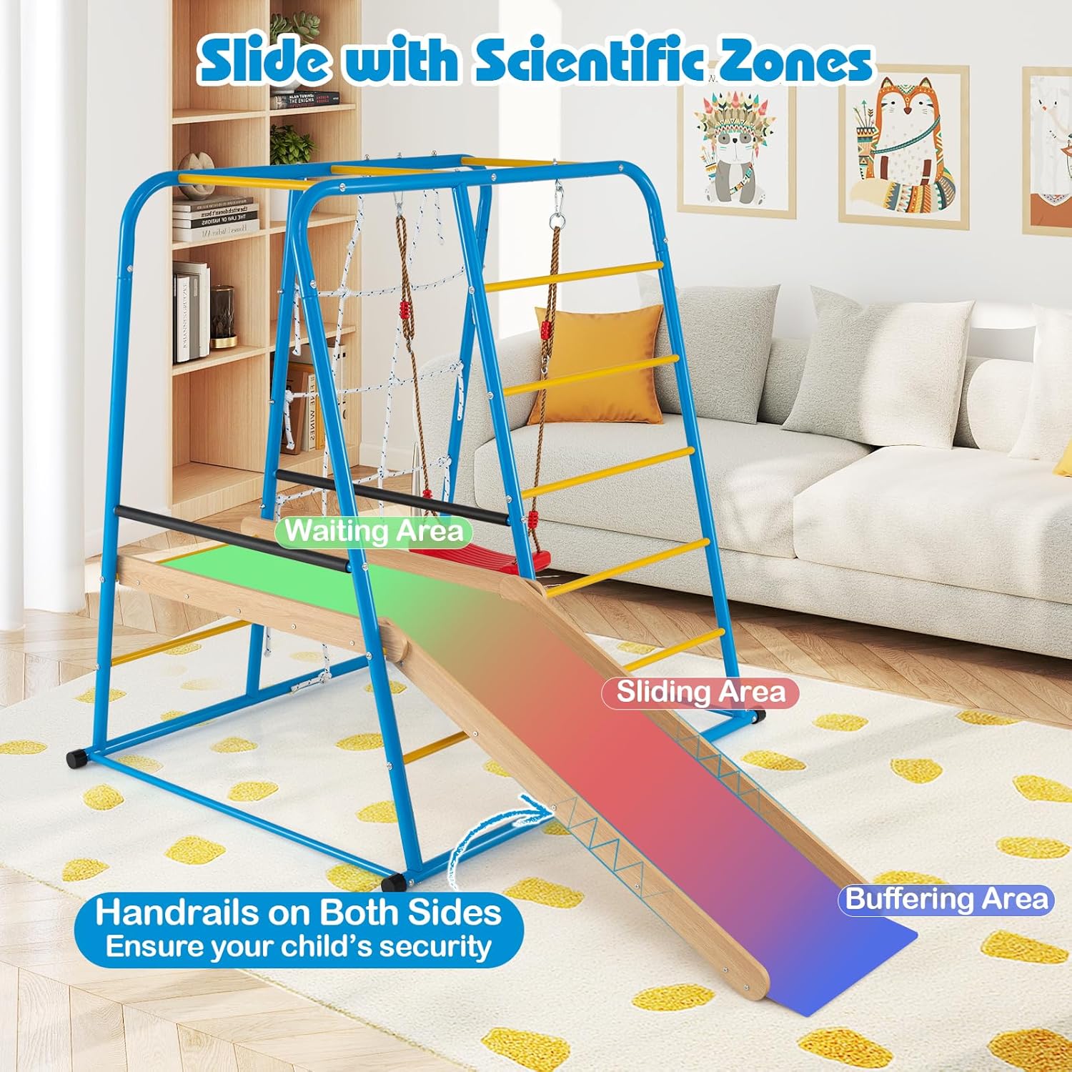 Costzon Indoor Playground Jungle Gym, Metal Montessori Climbing Toys for Kids & Toddlers w/Slide, Swing, Monkey Bars, Climbing Ladder and Rope Wall, Indoor Playground for Boys and Girls 3+ Years Old