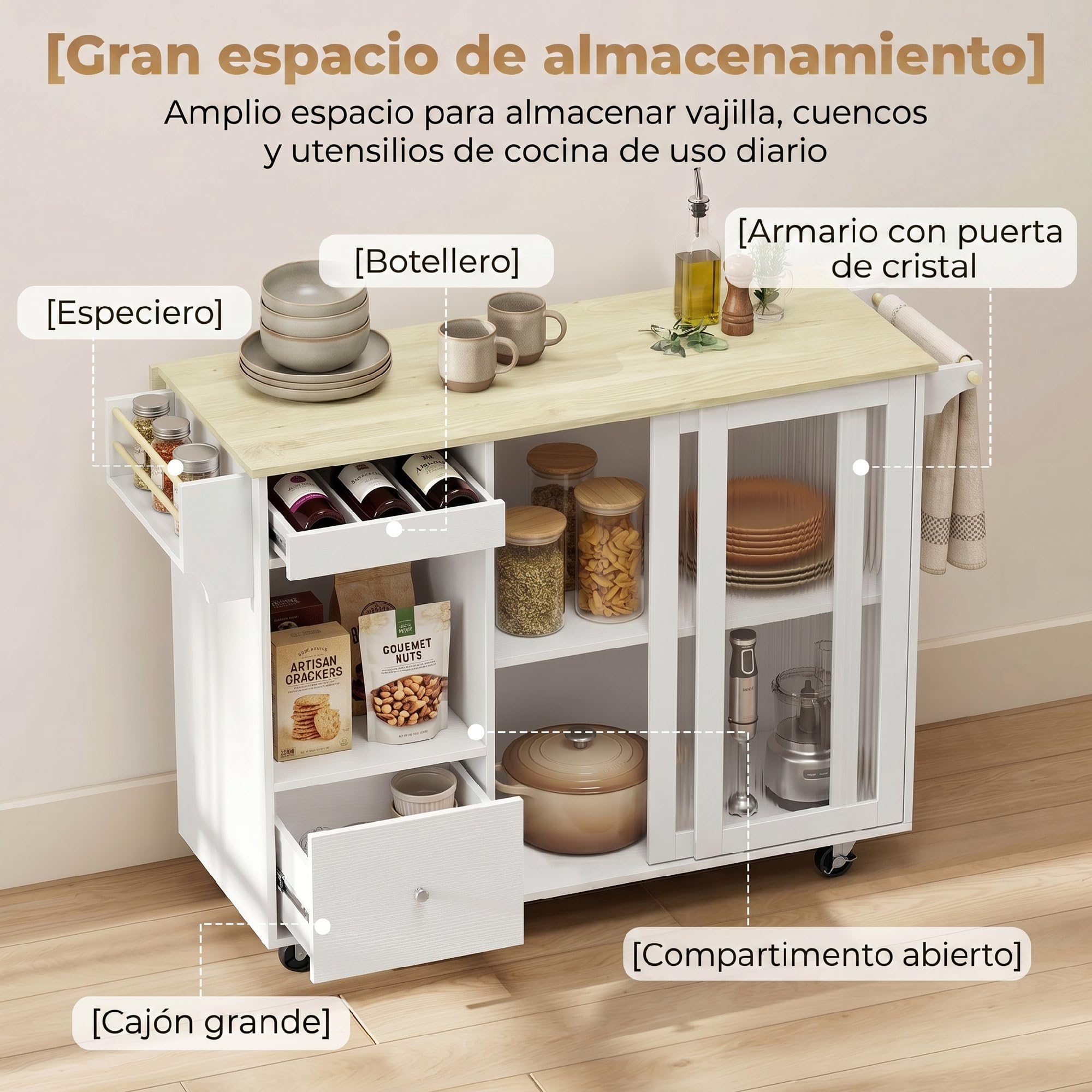 HOMCOM Isla de Cocina con Encimera Abatible, Botellero, Blanco y Roble | Carrito de Cocina, Puertas Correderas de Vidrio, Ruedas, Cajón, Especiero y Estante Ajustable