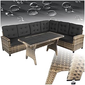 TecTake® Conjunto Jardín de Ratán Combinable con Cojines 9 cm, Conjunto Terraza Resistente a la Intemperie, Muebles Jardín Exterior 2 Sofás, 1 Sofá Esquinero, 1 Mesa con Pies Ajustables - Natural