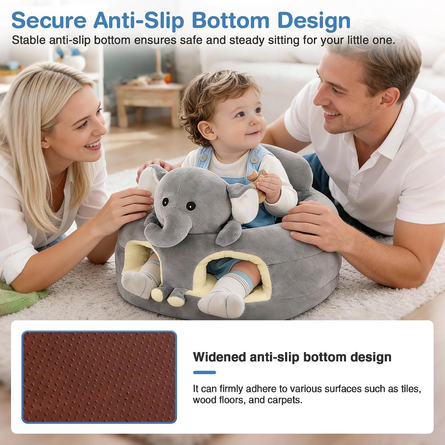 Sit Up Floor Seat for Baby 3-24 Months, Plush Animal Shaped Support Floor Chair Learning to Sit, Infant Toddler Baby Sofa with Cotton Filling, Non-Slip Bottom, Grey