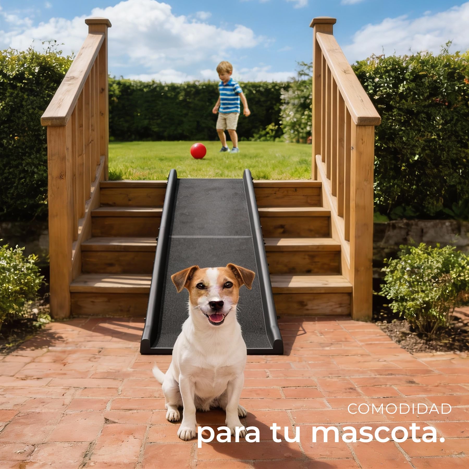 tectake® Rampa para Perros Plegable y Antidelizante, Rampa de Coche para Perros hasta 90kg, con Correas para Transporte y Carriles Guía, Resistente, para Cama y Sofá, Escalera para Perros, 155x40x14cm