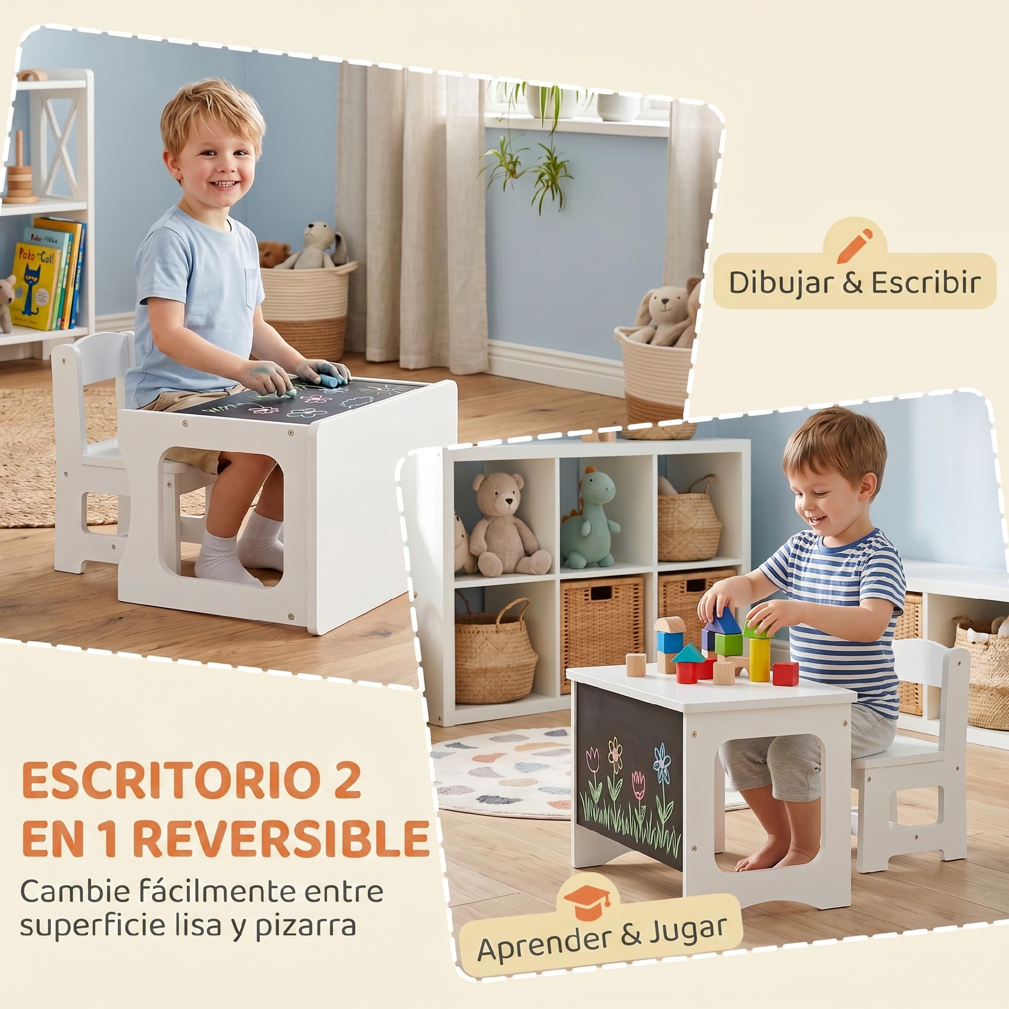 AIYAPLAY Mesa Infantil con Silla, Tablero Reversible, 3-6 Años, Blanco | Mesa y Silla Infantil con Pizarra para Dibujo, para Niños y Niñas, para Estudio, Guardería, Aulas