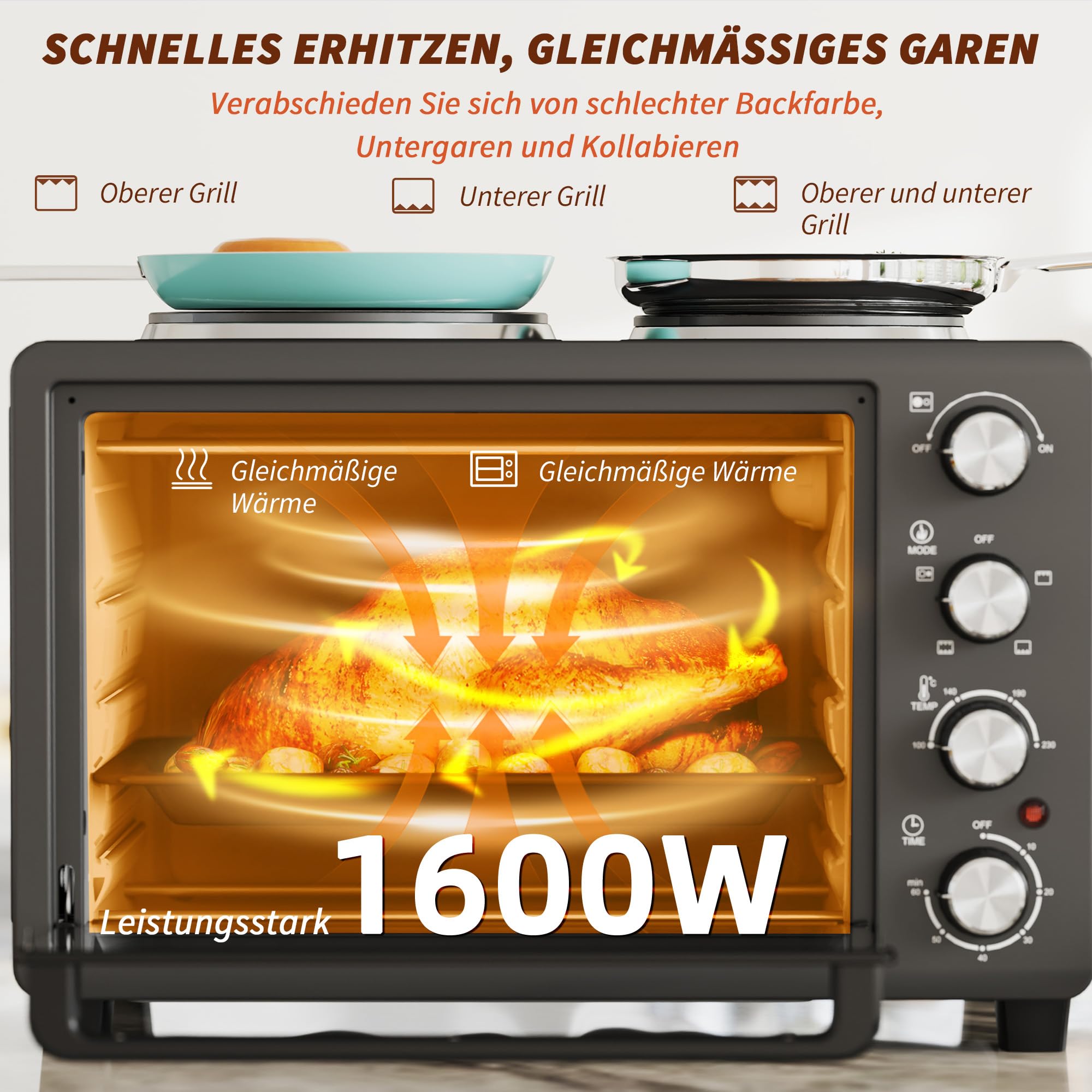 HOMCOM Minibackofen 28 L 2600W 100-230℃ Pizzaofen mit 60 Min. Timer, Grillrost 2 Kochplatten, Backblech, Mini Backofen mit Tablettgriff, Krümelblech, Schwarz