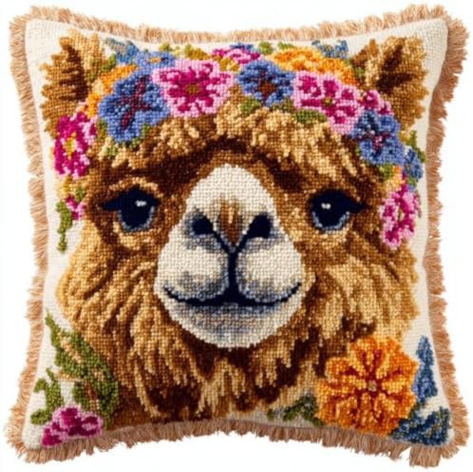 kitphoenix Cushion Cover Latch Hook Kit for Adults Beginners,Camel Portrait in Flowers,DIY Crochet Embroidery Craft Set with Yarn,Hook and Printed Canvas,43x43 cm