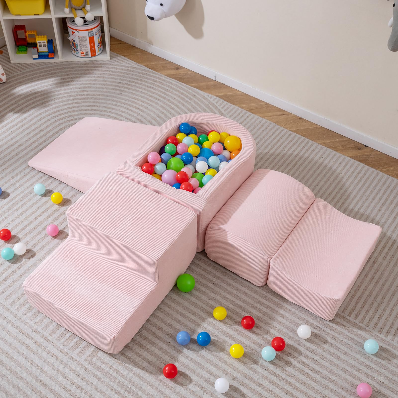 FANTASK 5-teilige Schaumstoffbausteine XXL, Riesen Kletterblöcke mit Bällebad, Großbausteine zum Toben & Klettern, Soft Spielbausteine für Zuhause, Kinderzimmer & Spielzimmer (Rosa, Cordstoff)