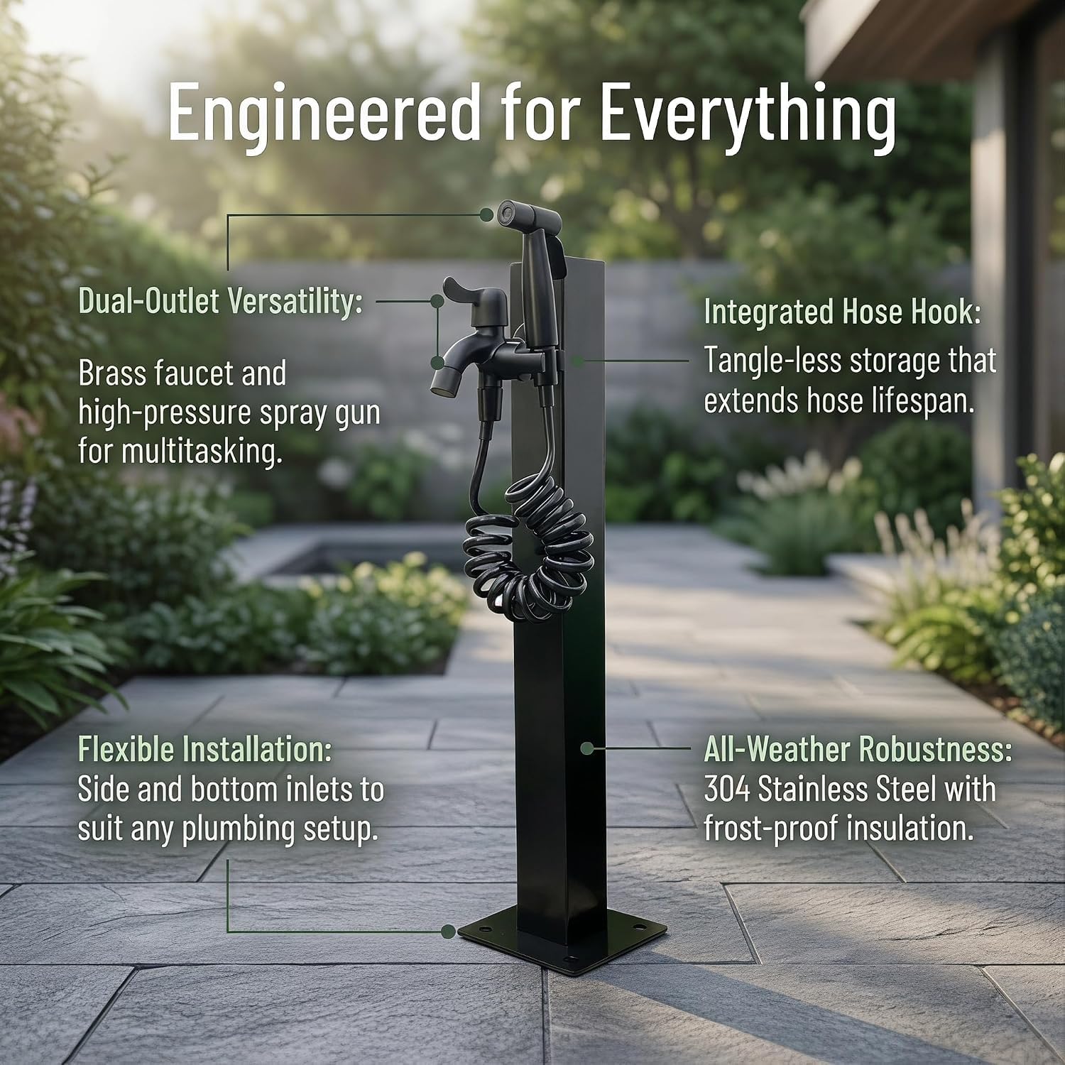 Columna De Agua para Jardín con Grifo, Grifo De Hidrante De Acero Inoxidable De 23,62" con Dos Boquillas, Poste De Agua Anticongelante Independiente, para Lavar Mascotas/automóviles E