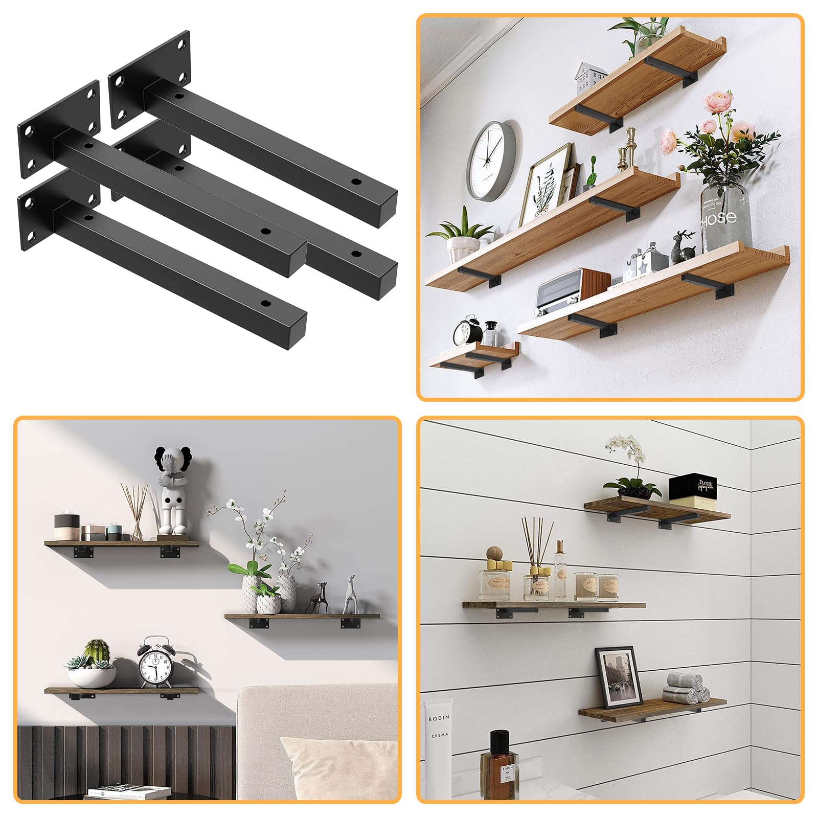 Pack De 4 Soportes Invisibles Para Estanterías De Pared | Acero Sólido De 150x38 Mm, Negros, Carga Pesada, Para Baldas Flotantes