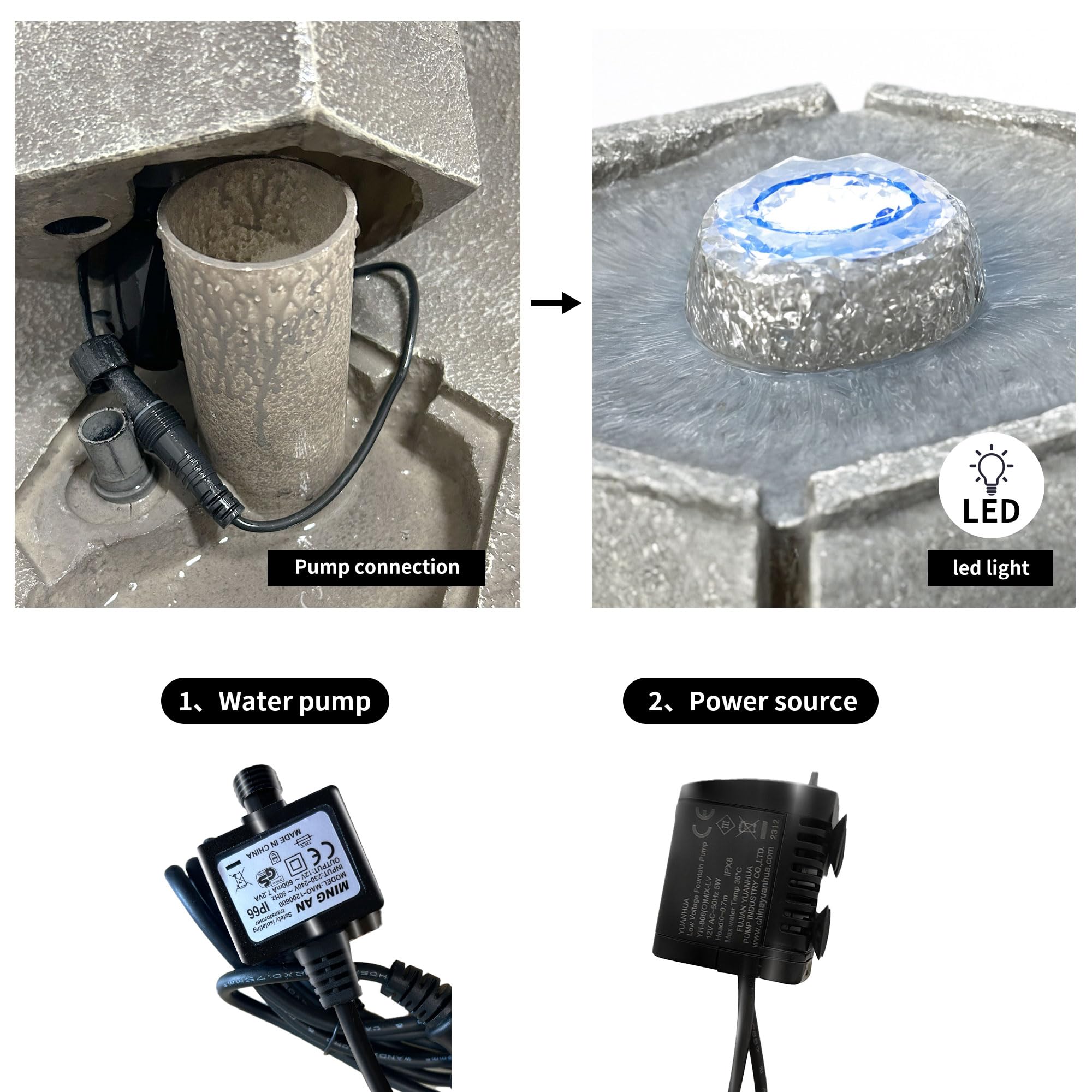 Köhko® Hexagon Elegance - Fuente de jardín con iluminación LED, cascada, bebedero para pájaros, decoración de jardín