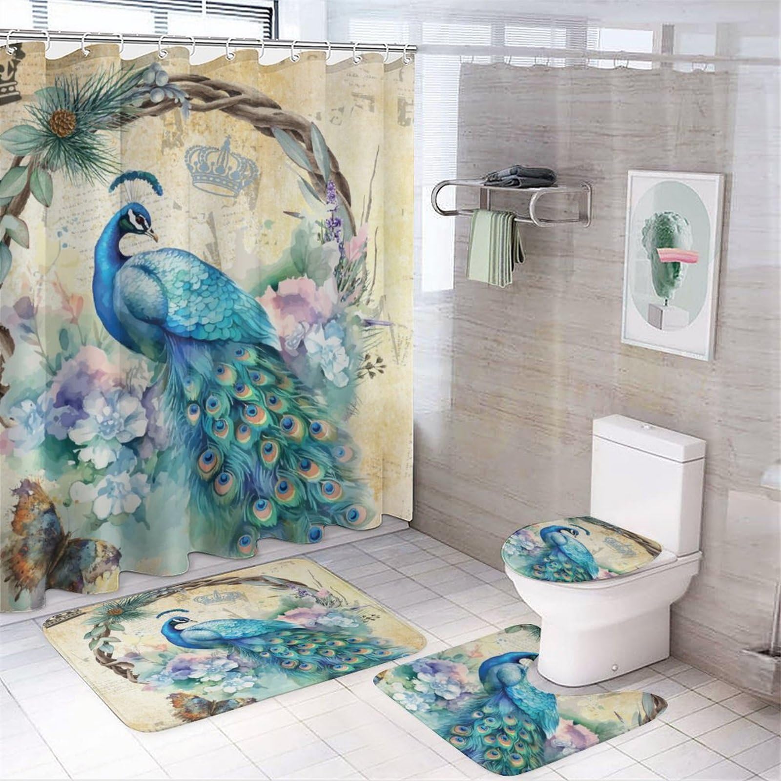 Retro Watercolor Peacock 4 Pieces Shower Curtain Set,Rustic Colorful Animal Peacock Crown Design Non-Slip Rugs Toilet Lid Cover Bath Mat and Bathroom