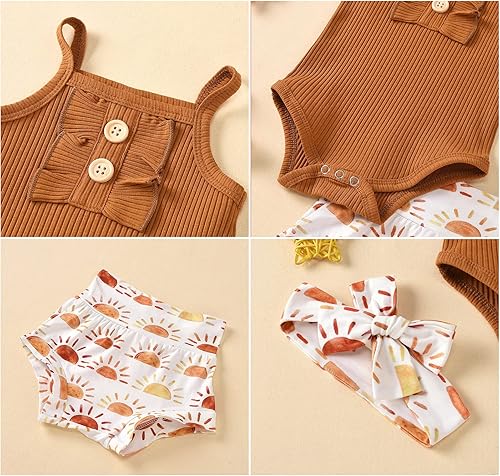 Miniatura 5 de AMAWMW Conjunto de regalo para bebé recién nacido ropa de verano acanalada con volantes y flores vintage