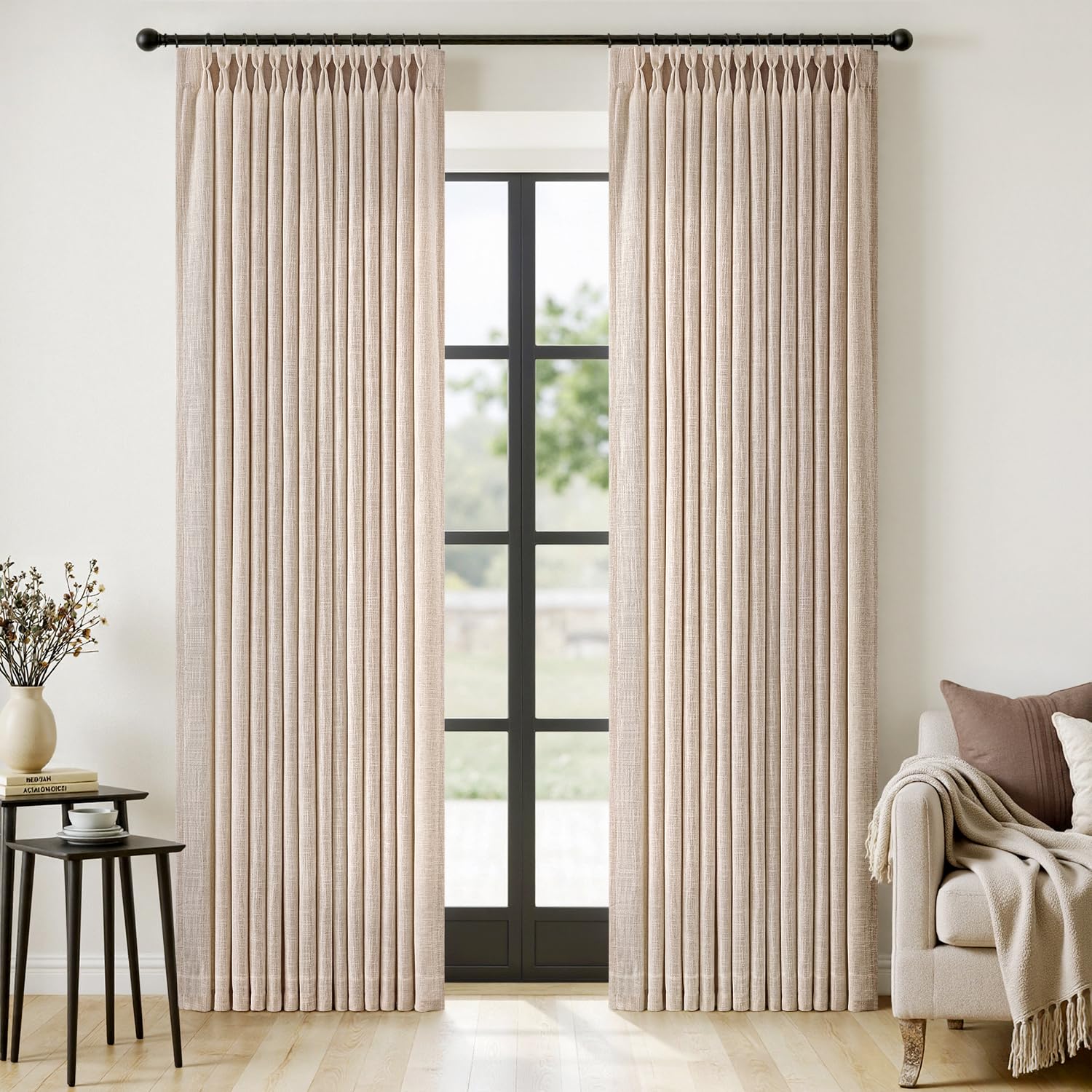 Photo 1 of MIULEE Pinch Pleated Thick Linen Curtains 90 Inches Long 2 Panels for Living Room Bedroom, Linen Textured Memory Trained Pleat Drapes Back Tab Light Filtering Sand Beige Window Curtains with Hooks
