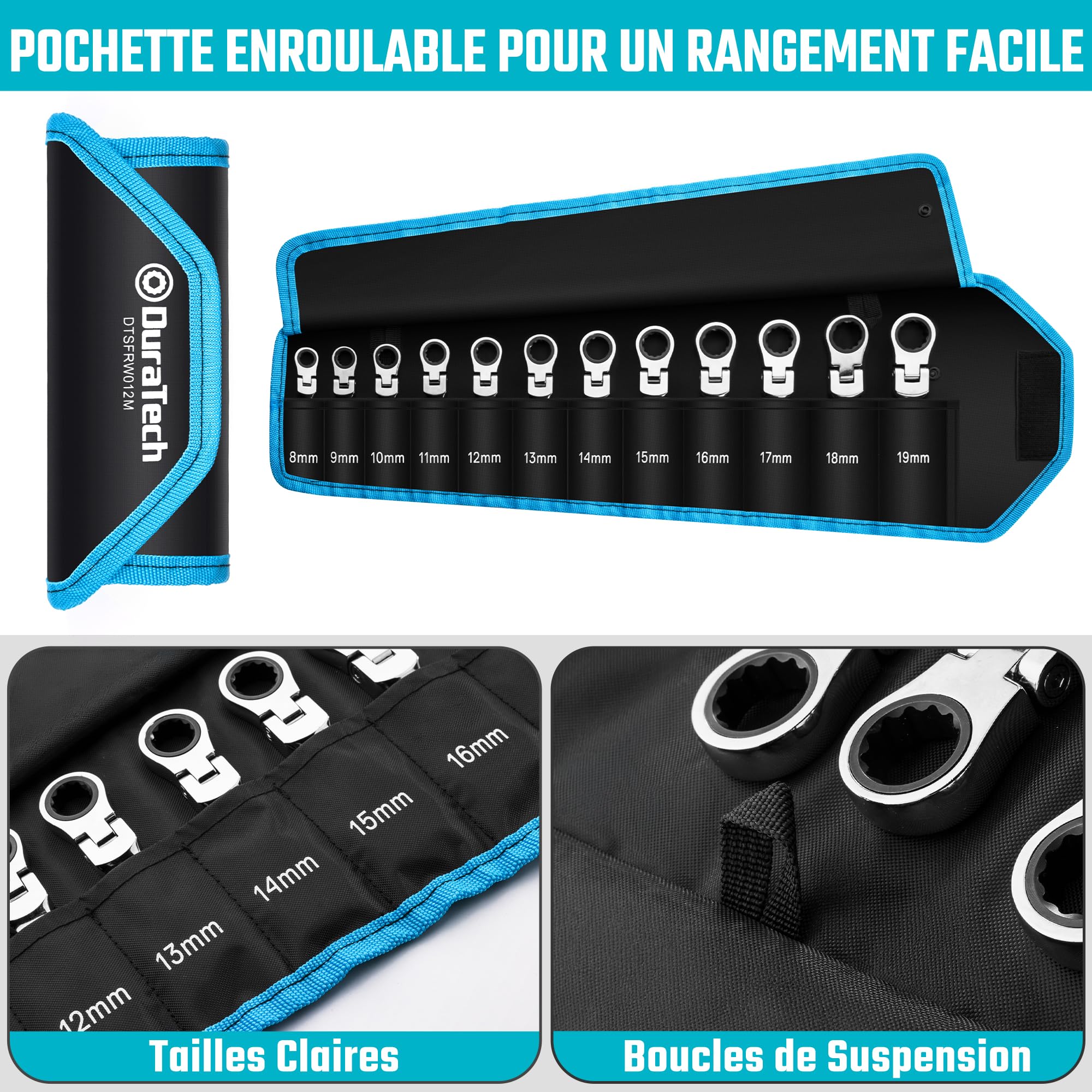 DURATECH Jeu de clés mixtes courtes à cliquet à tête flexible, 12 pièces | Tête Flexible, 8-19 mm, Cliquet, Acier Cr-V, Pochette Enroulable